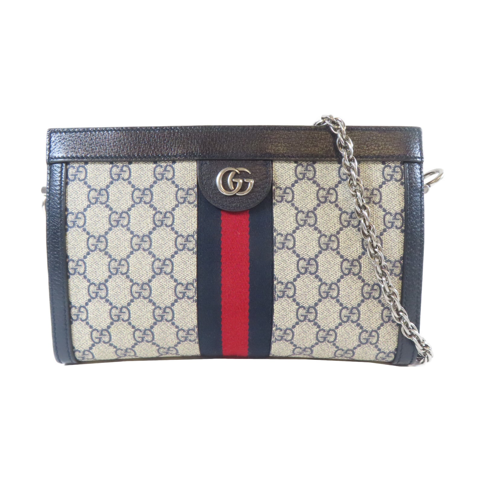 GUCCI 塗層帆布Ophidia GG Small銀扣鏈帶肩背袋啡色/藍色