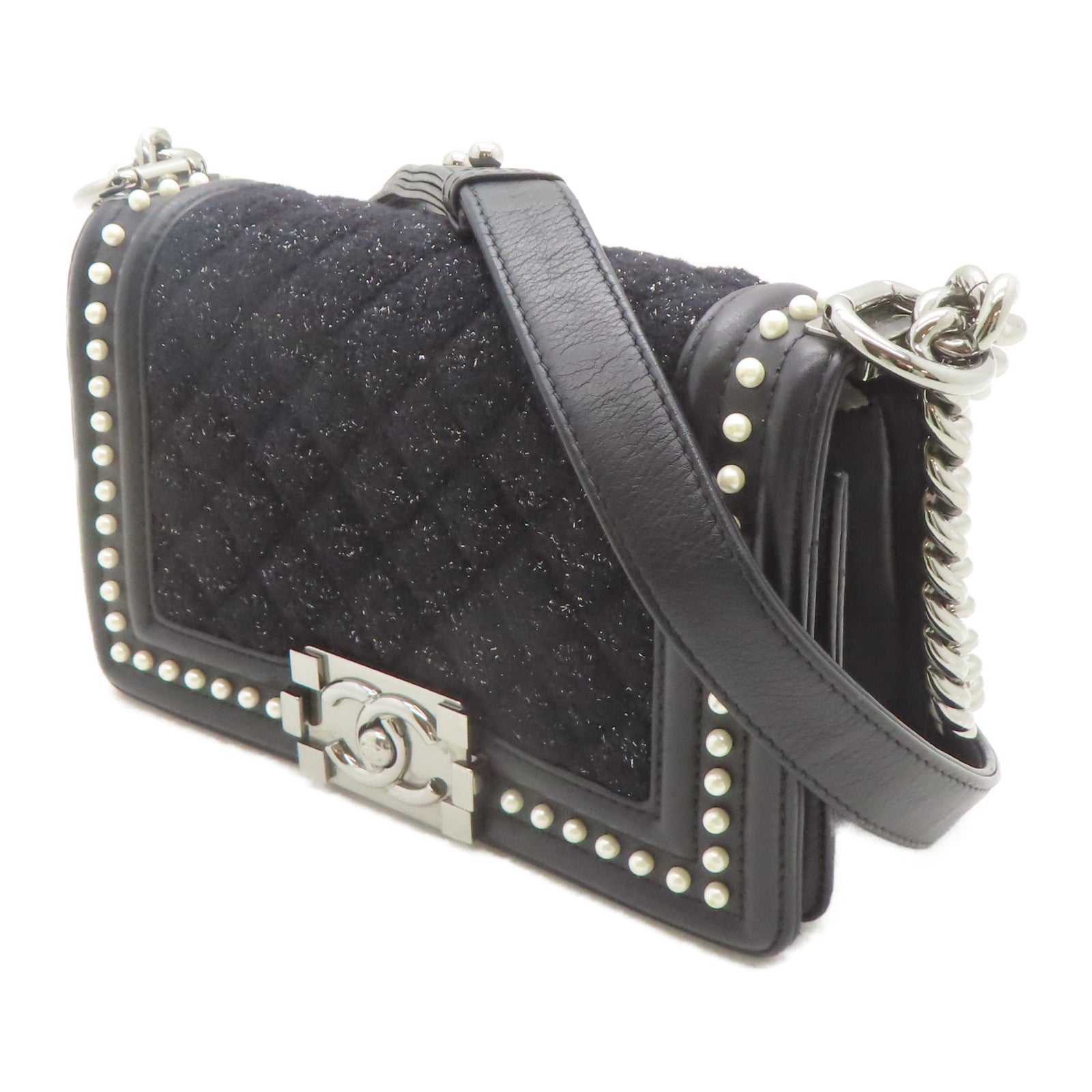 CHANEL 【激減優惠】斜紋軟呢Boy Chanel銀扣鏈帶肩背袋黑色