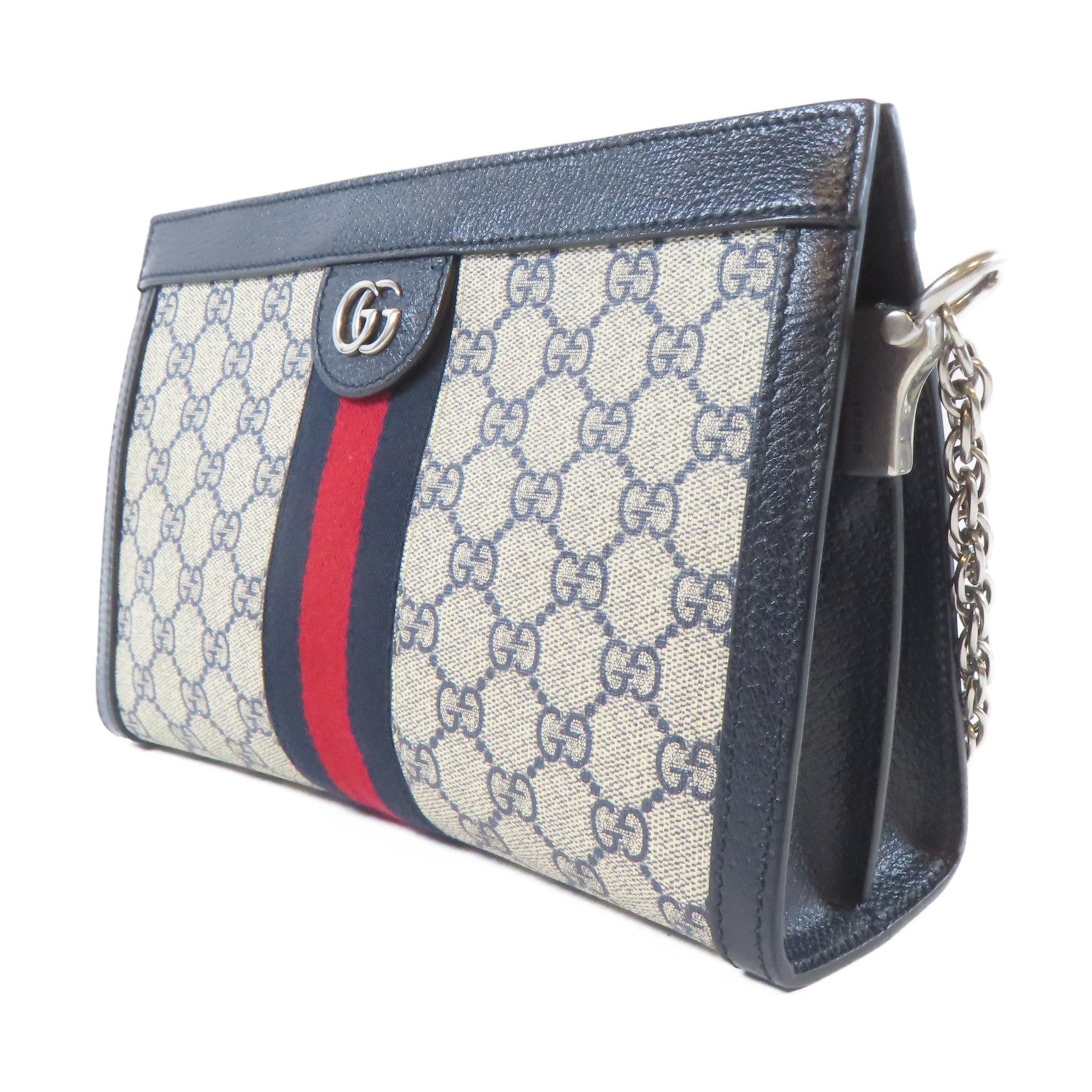 GUCCI 塗層帆布Ophidia GG Small銀扣鏈帶肩背袋啡色/藍色