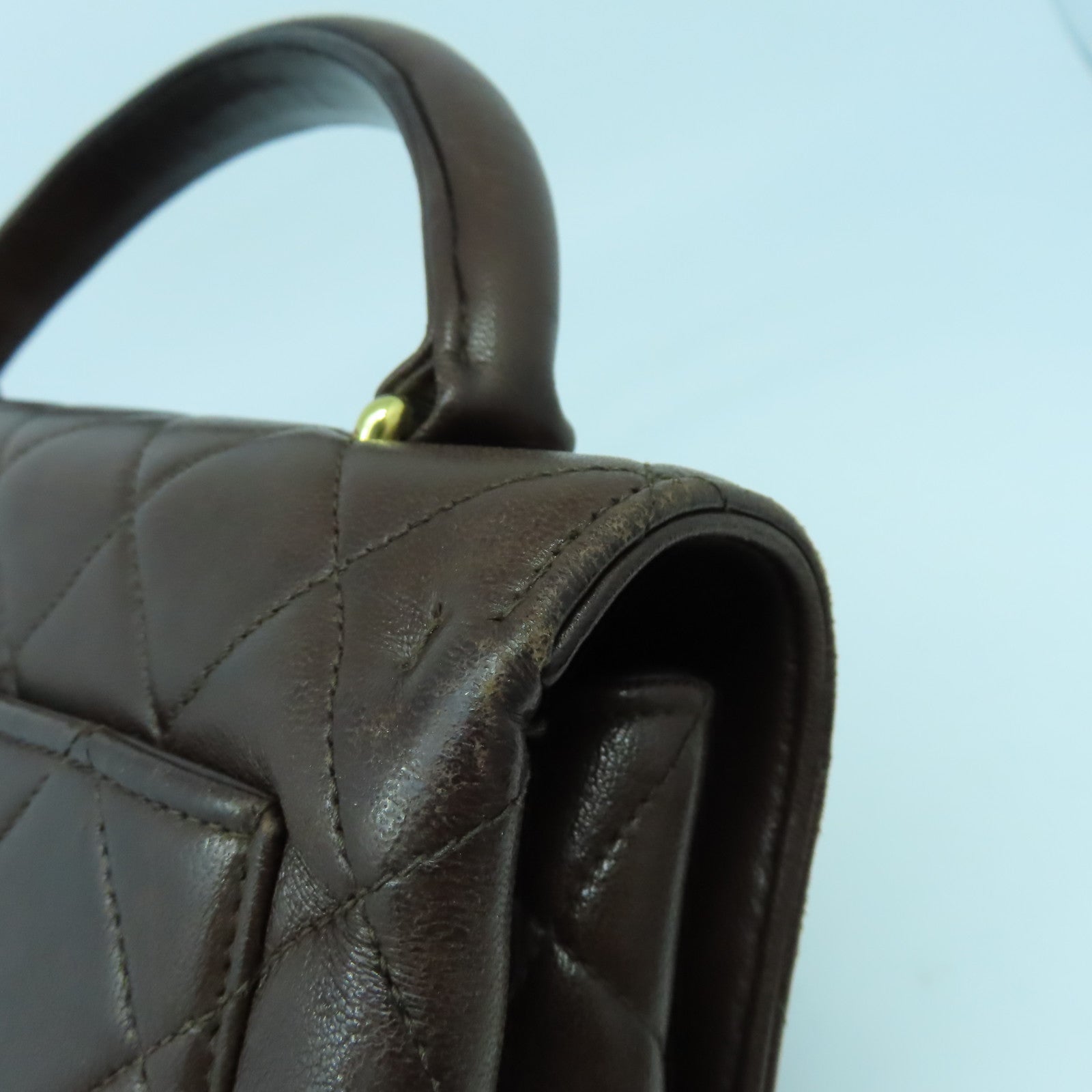 CHANEL 菱格羊皮皮革Handbag金扣手挽袋啡色
