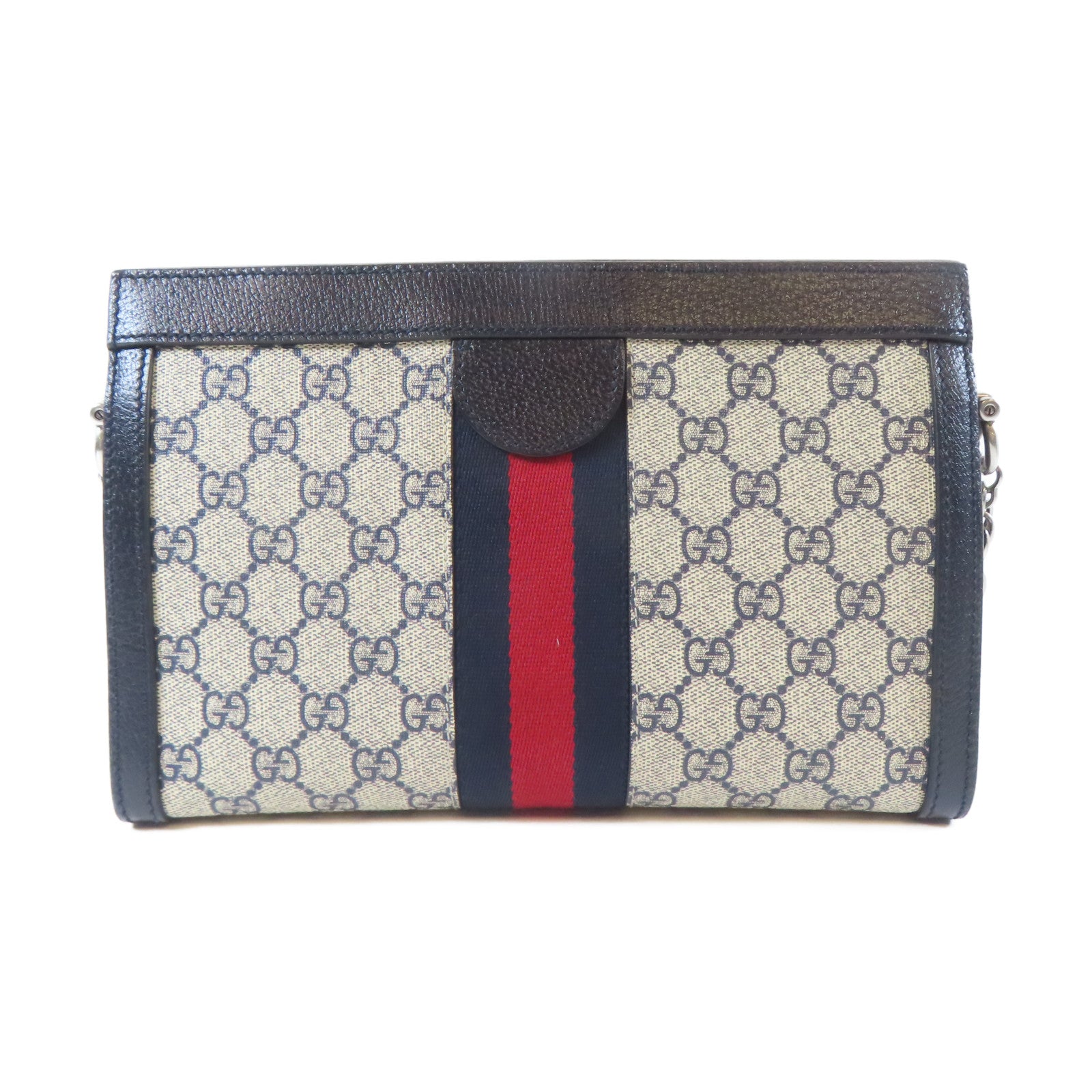 GUCCI 塗層帆布Ophidia GG Small銀扣鏈帶肩背袋啡色/藍色