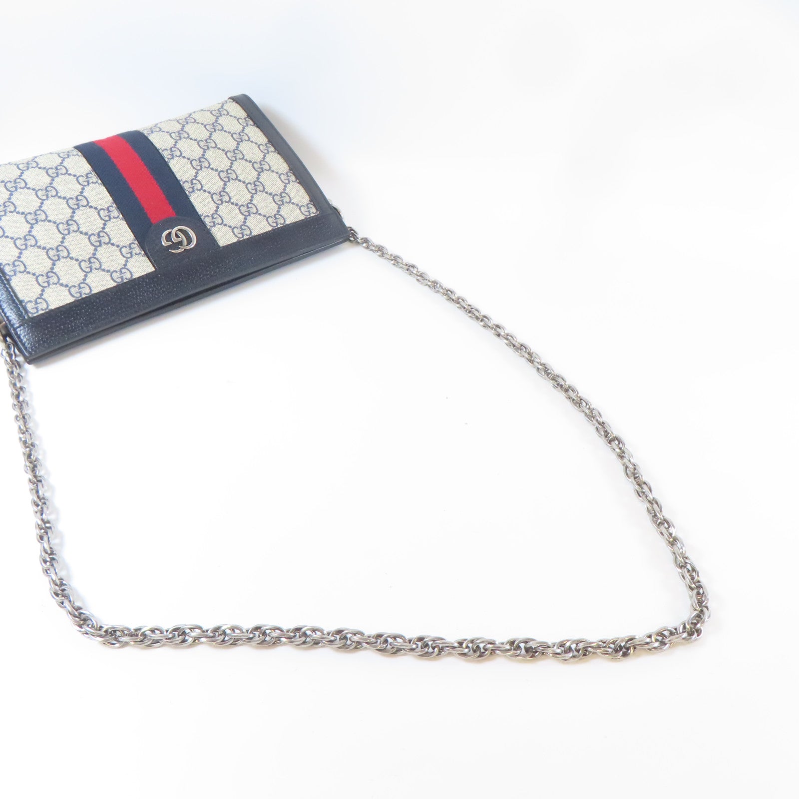 GUCCI 塗層帆布Ophidia GG Small銀扣鏈帶肩背袋啡色/藍色