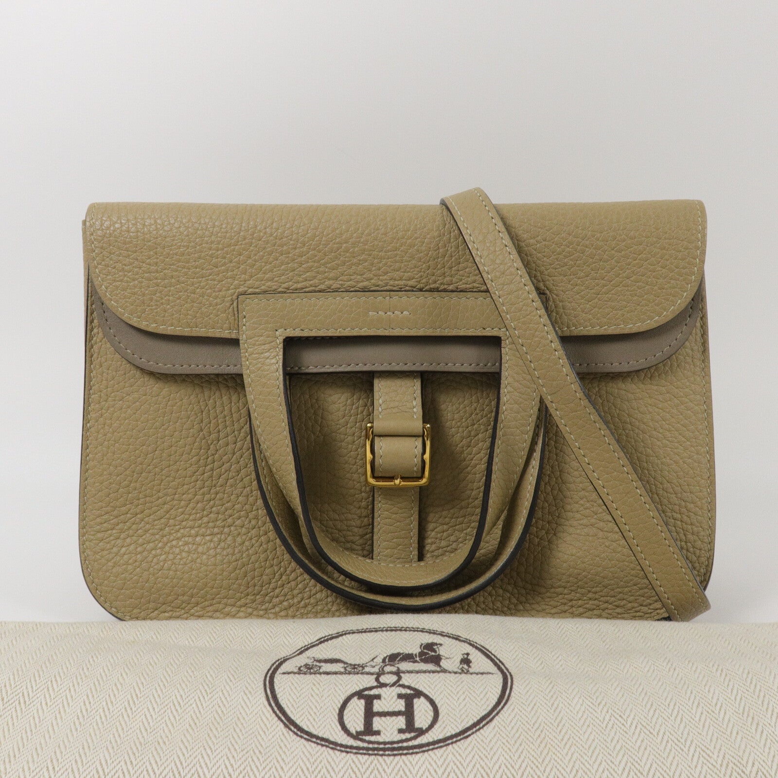 HERMES Clemence皮革/Swift皮革Halzan 25手挽肩背兩用袋Trench/Etoupe