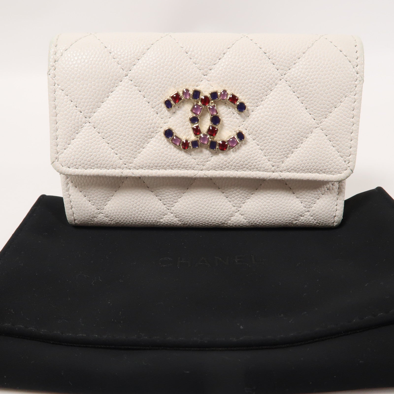 CHANEL 菱格牛皮皮革Card Case金扣卡片套白色
