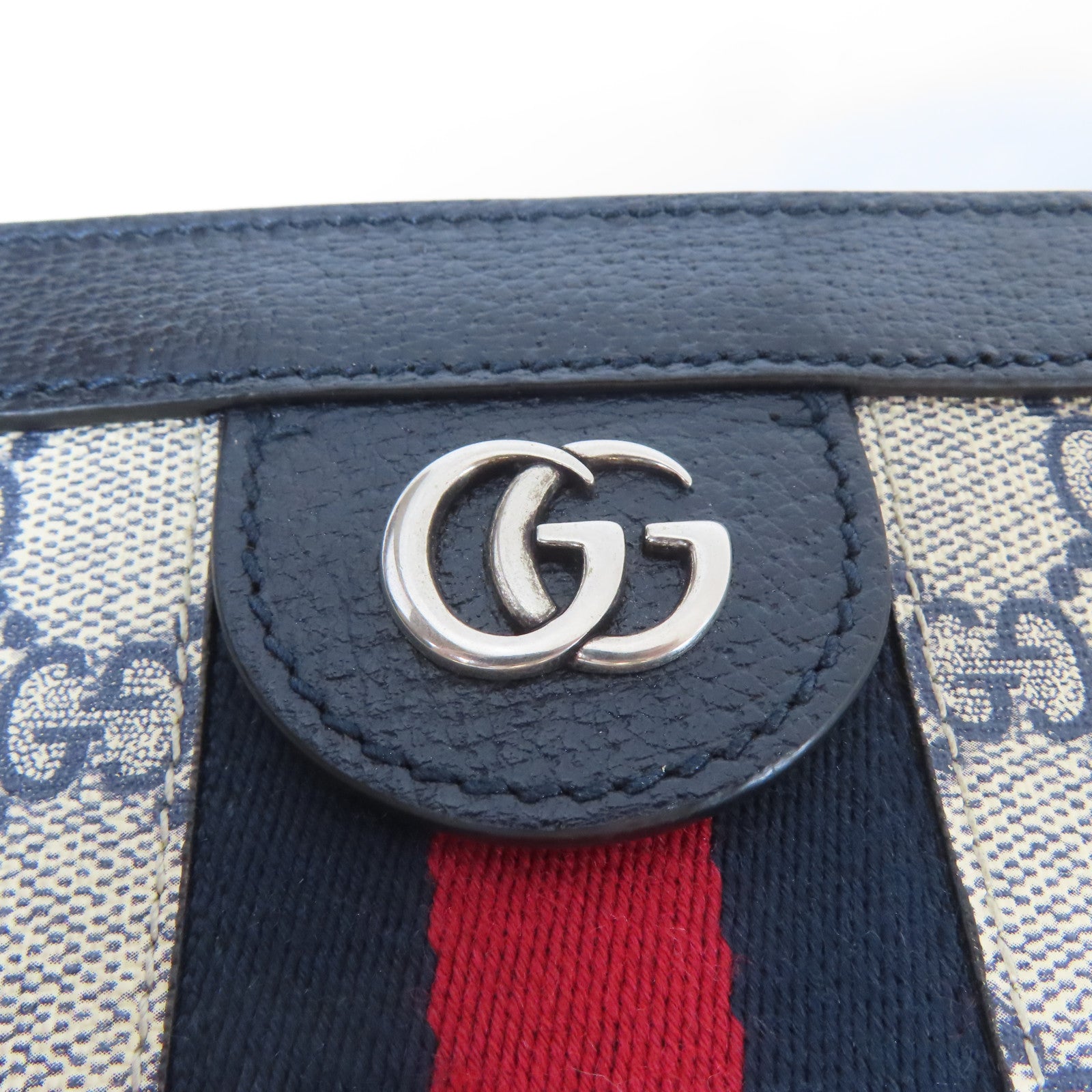 GUCCI 塗層帆布Ophidia GG Small銀扣鏈帶肩背袋啡色/藍色