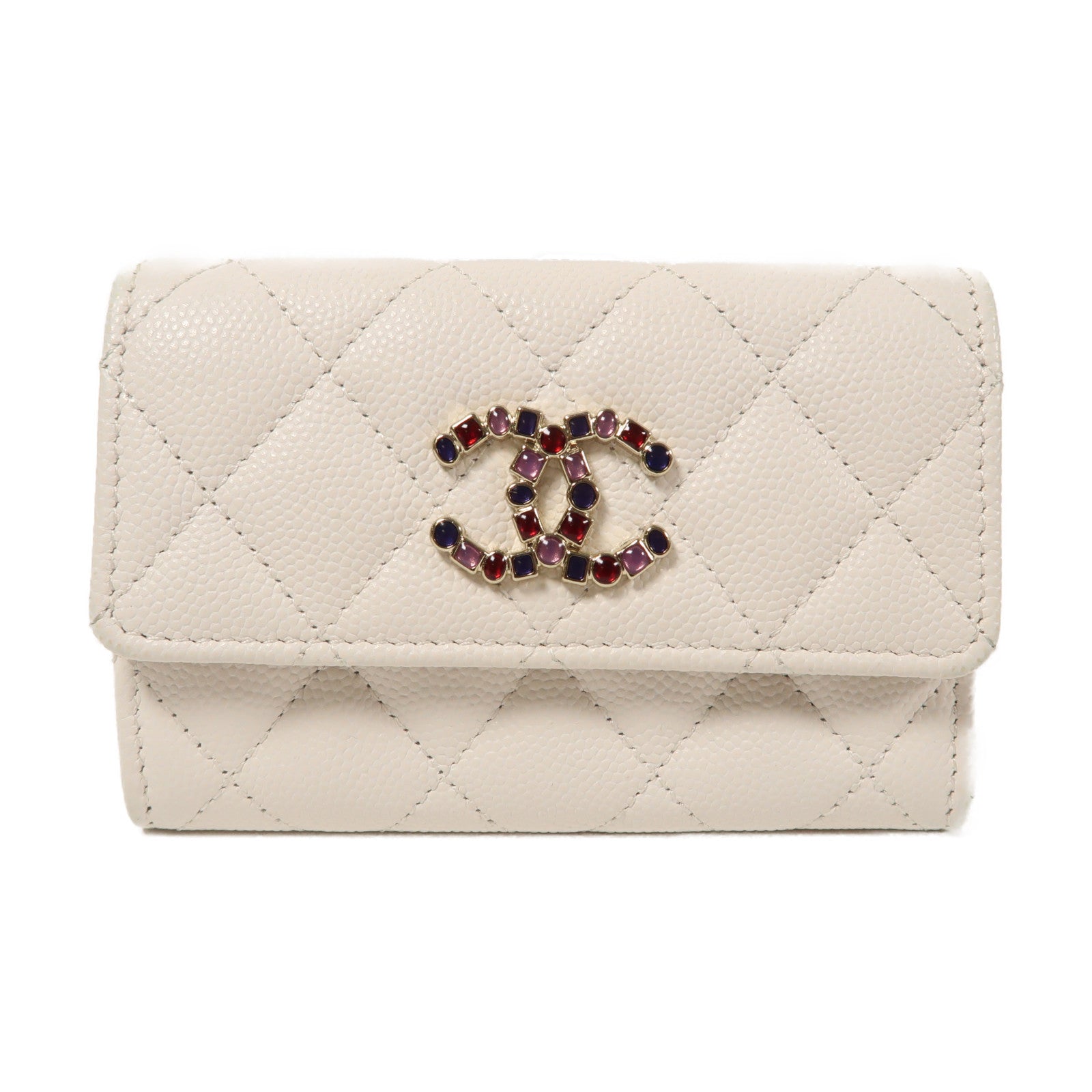 CHANEL 菱格牛皮皮革Card Case金扣卡片套白色