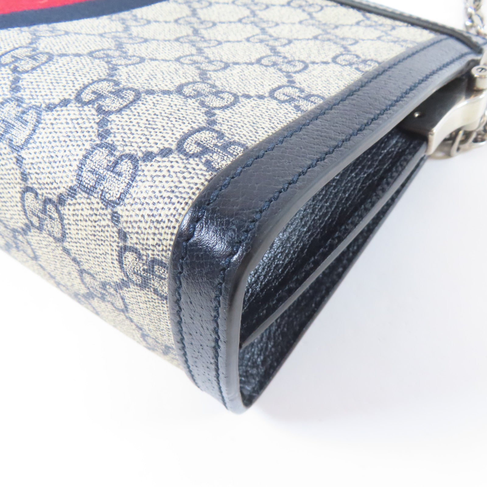 GUCCI 塗層帆布Ophidia GG Small銀扣鏈帶肩背袋啡色/藍色