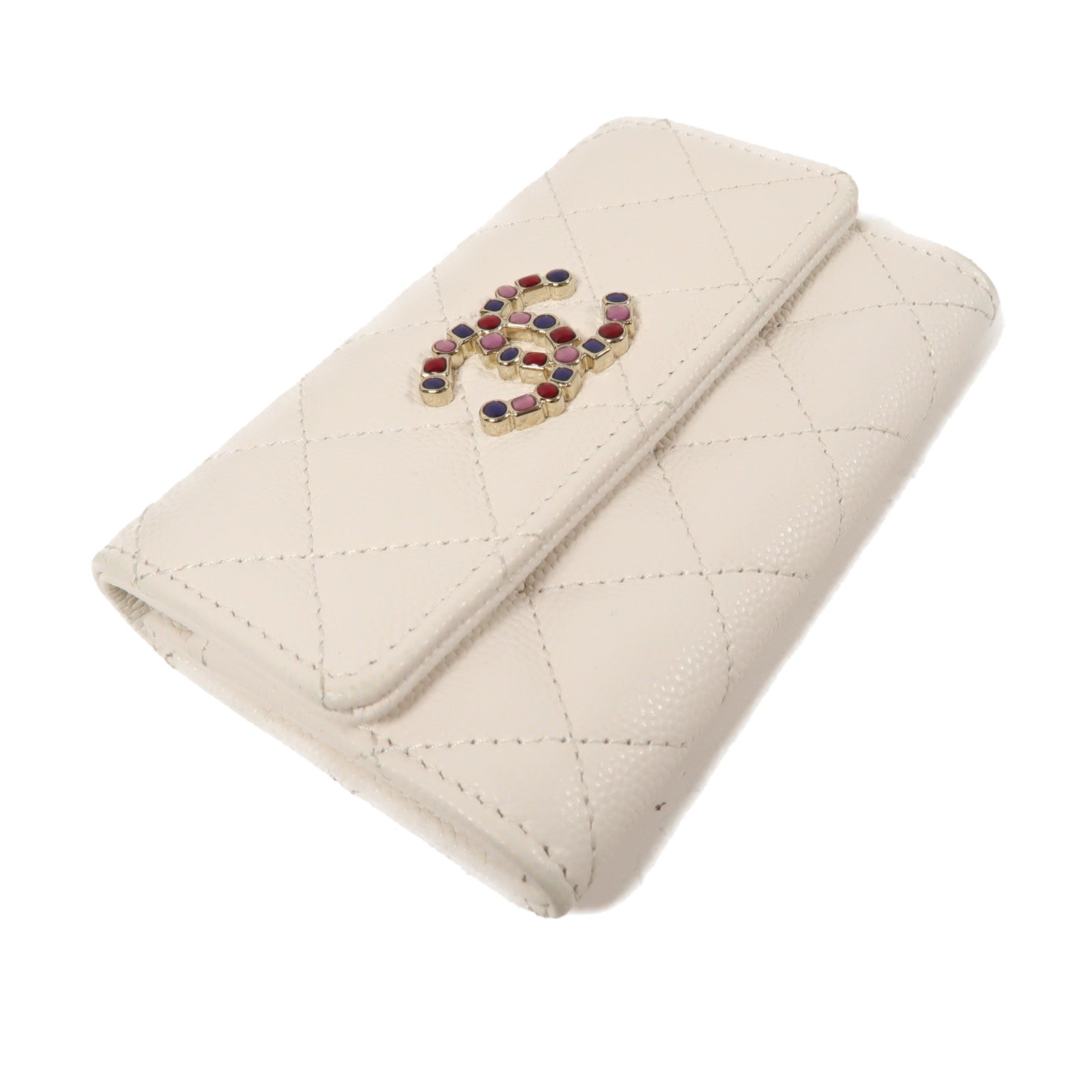 CHANEL 菱格牛皮皮革Card Case金扣卡片套白色