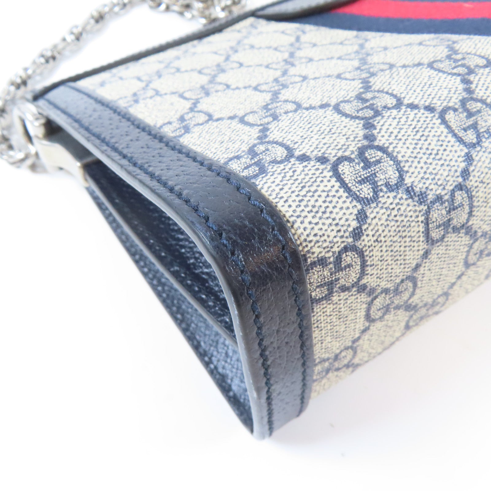 GUCCI 塗層帆布Ophidia GG Small銀扣鏈帶肩背袋啡色/藍色