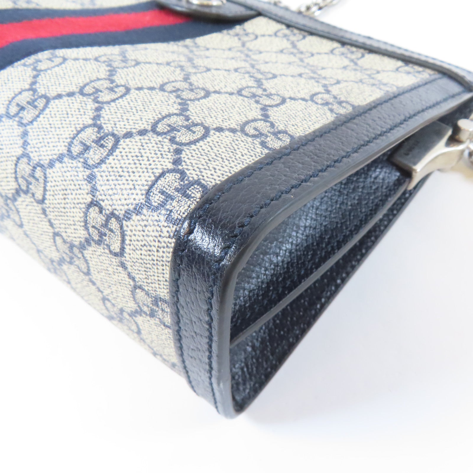 GUCCI 塗層帆布Ophidia GG Small銀扣鏈帶肩背袋啡色/藍色
