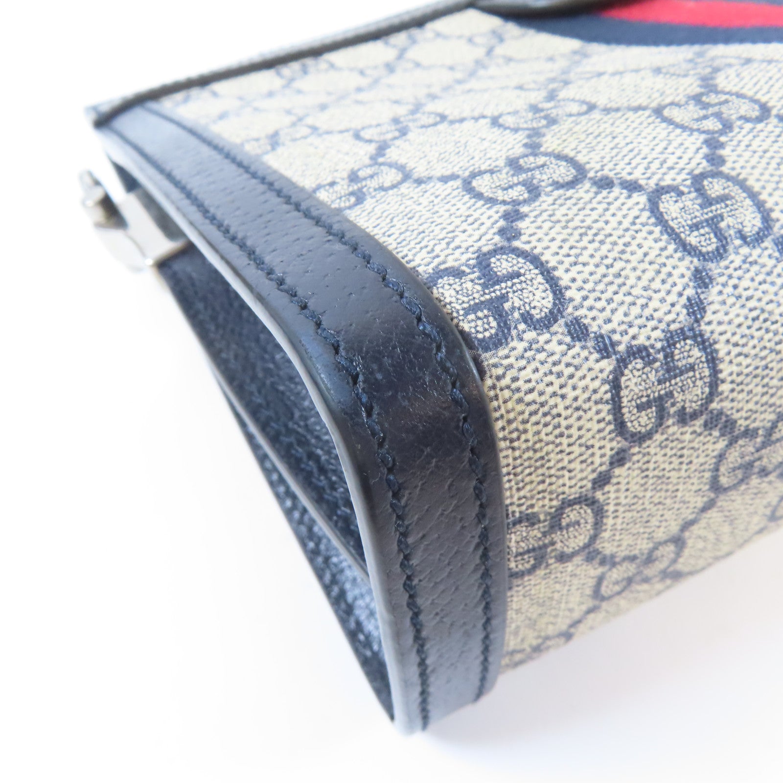 GUCCI 塗層帆布Ophidia GG Small銀扣鏈帶肩背袋啡色/藍色