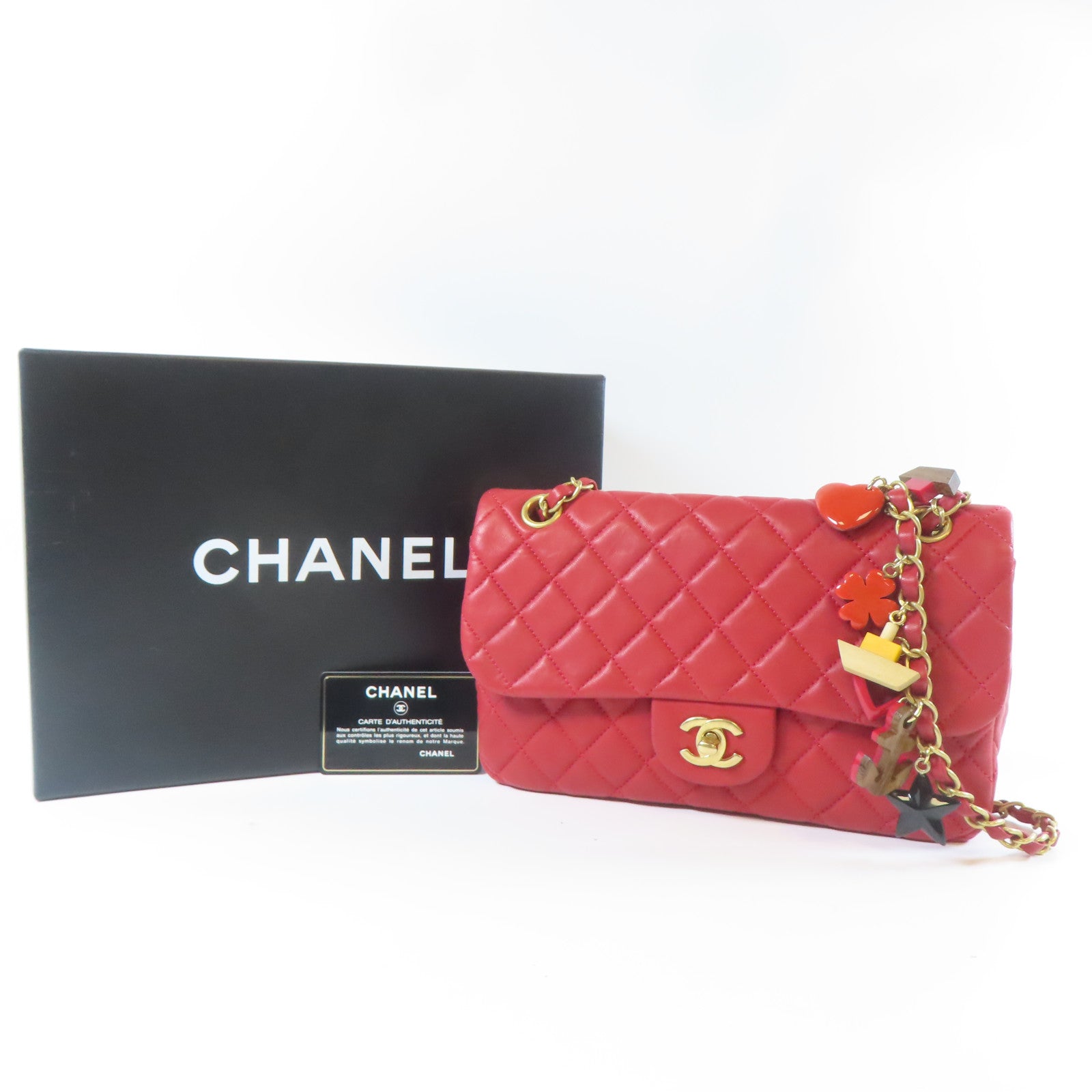 CHANEL 菱格羊皮皮革Chain Shoulder金扣鏈帶肩背袋紅色