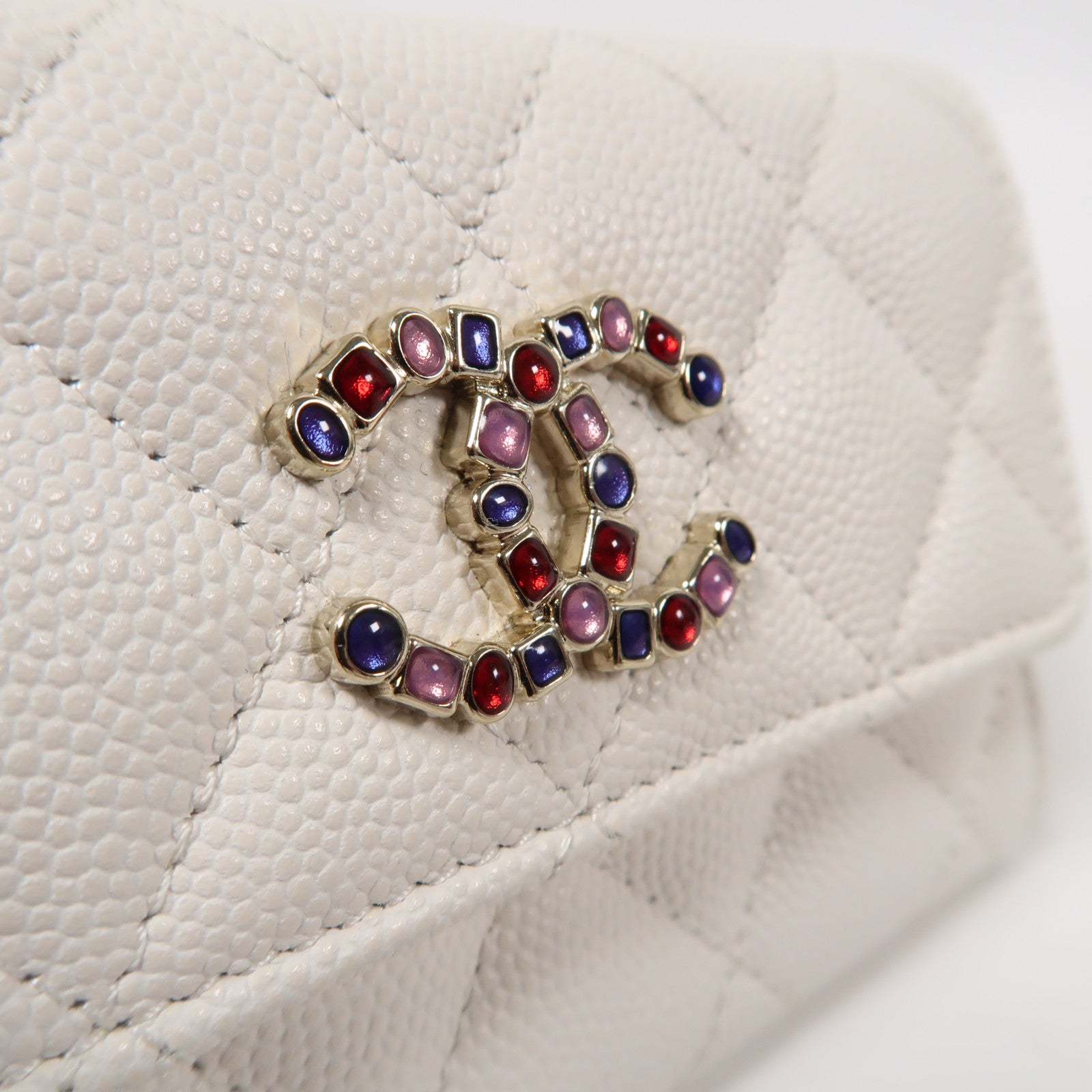 CHANEL 菱格牛皮皮革Card Case金扣卡片套白色