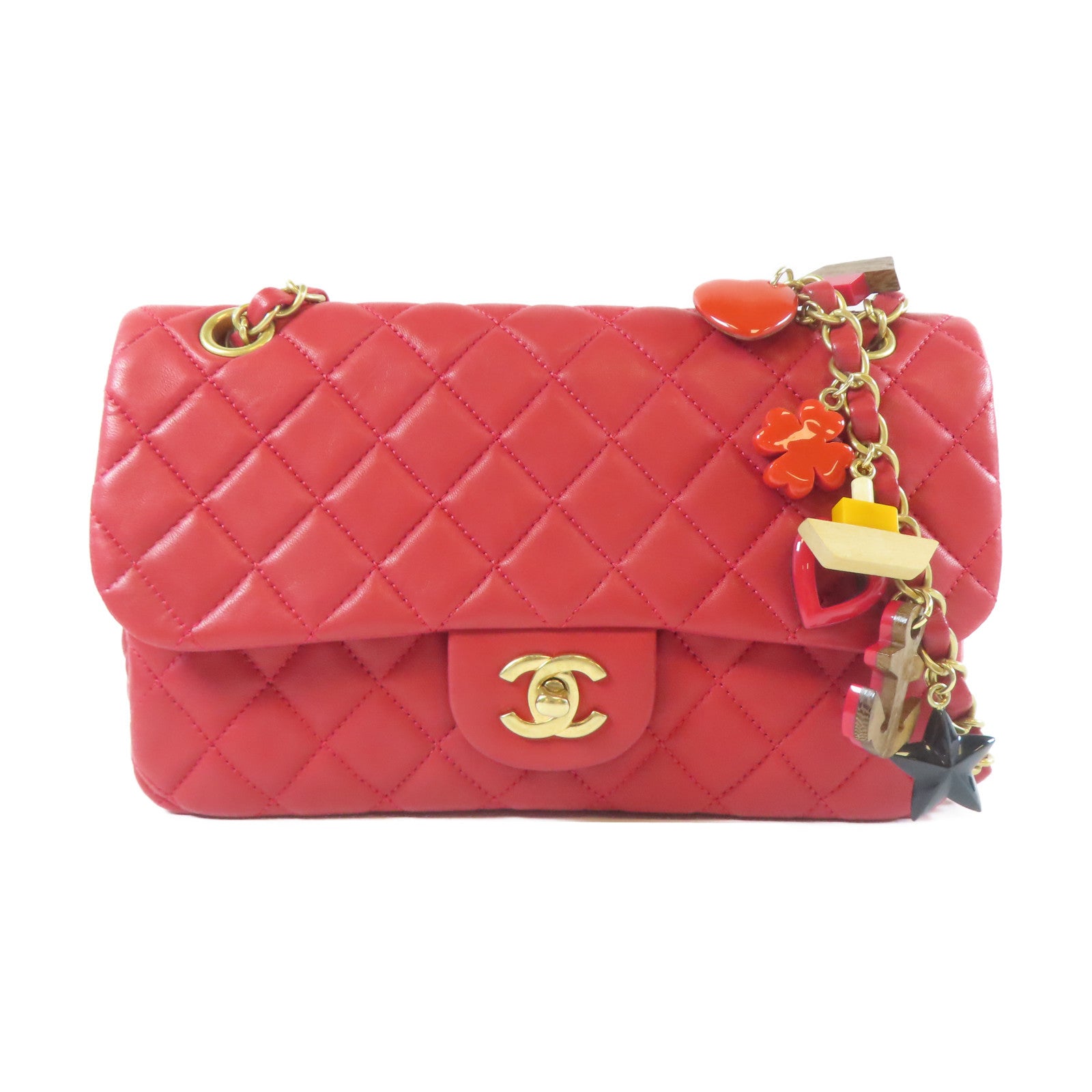CHANEL 菱格羊皮皮革Chain Shoulder金扣鏈帶肩背袋紅色