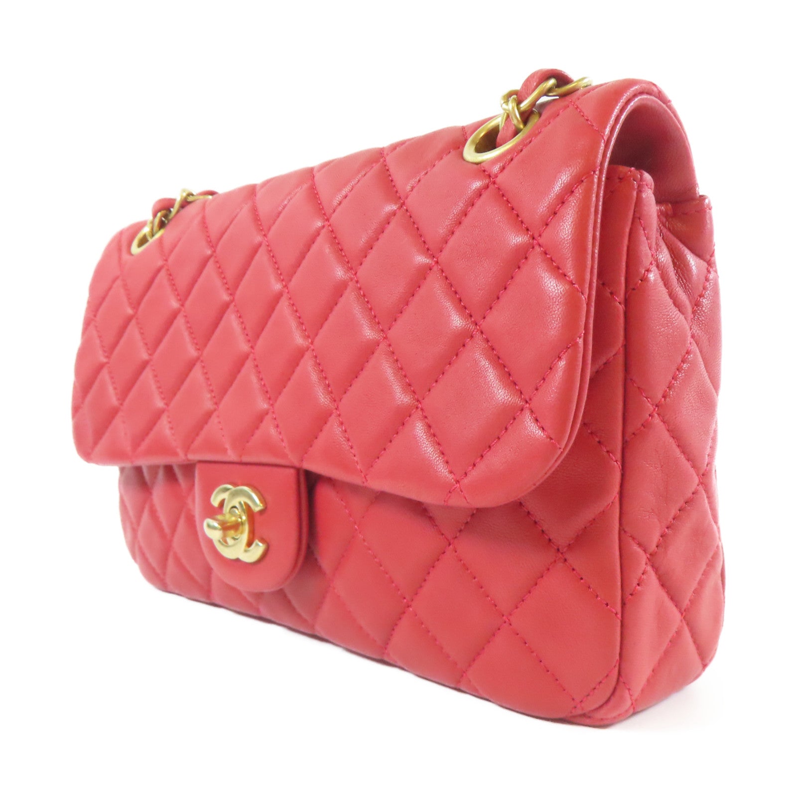 CHANEL 菱格羊皮皮革Chain Shoulder金扣鏈帶肩背袋紅色