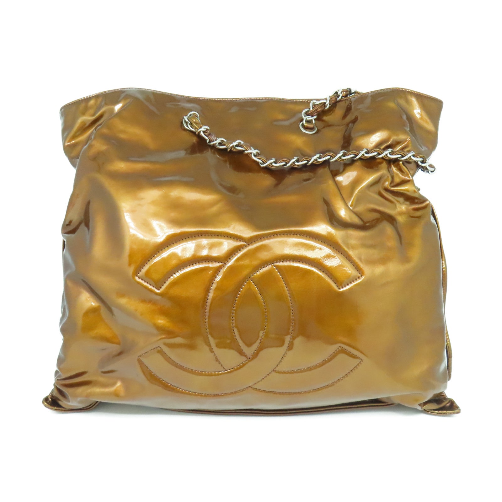 CHANEL 【清倉大減價】漆皮皮革Chain Shoulder銀扣鏈帶肩背袋金色