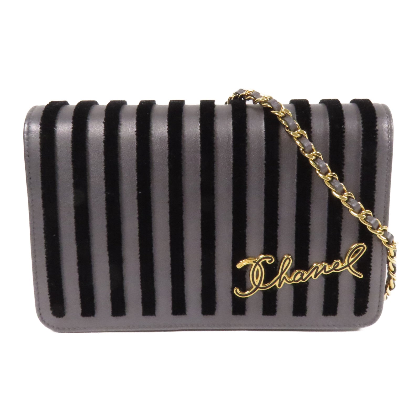 CHANEL 牛皮皮革/天鵝絨WOC Wallet On Chain金扣鏈帶肩背袋