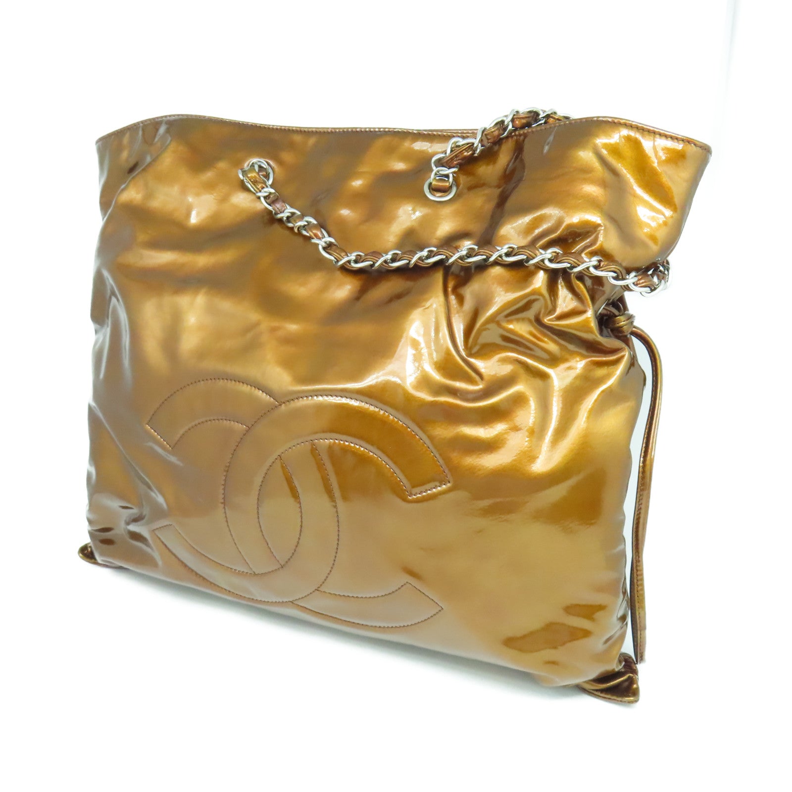 CHANEL 【清倉大減價】漆皮皮革Chain Shoulder銀扣鏈帶肩背袋金色