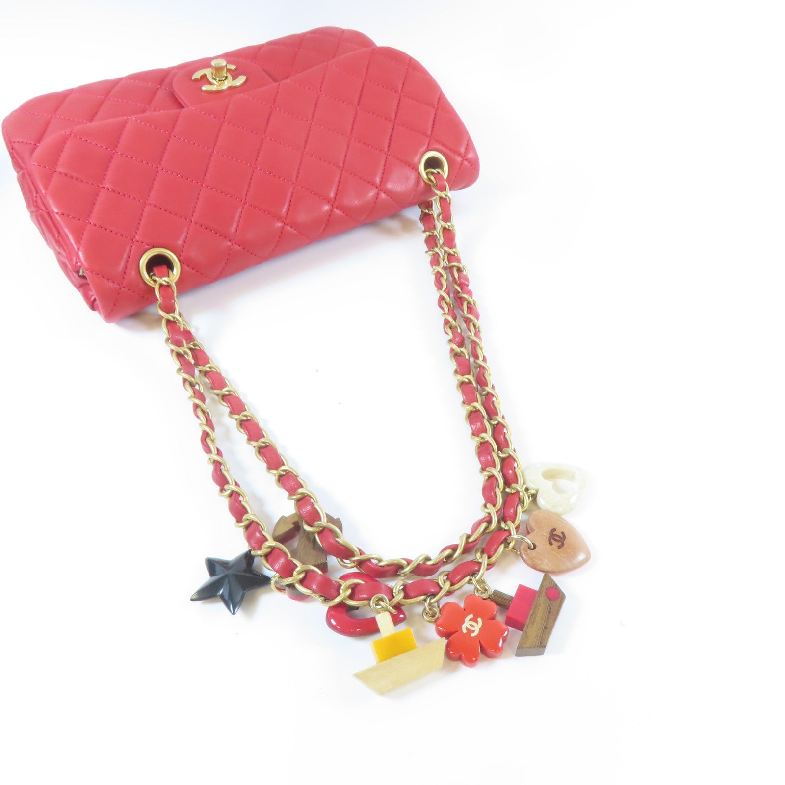 CHANEL 菱格羊皮皮革Chain Shoulder金扣鏈帶肩背袋紅色