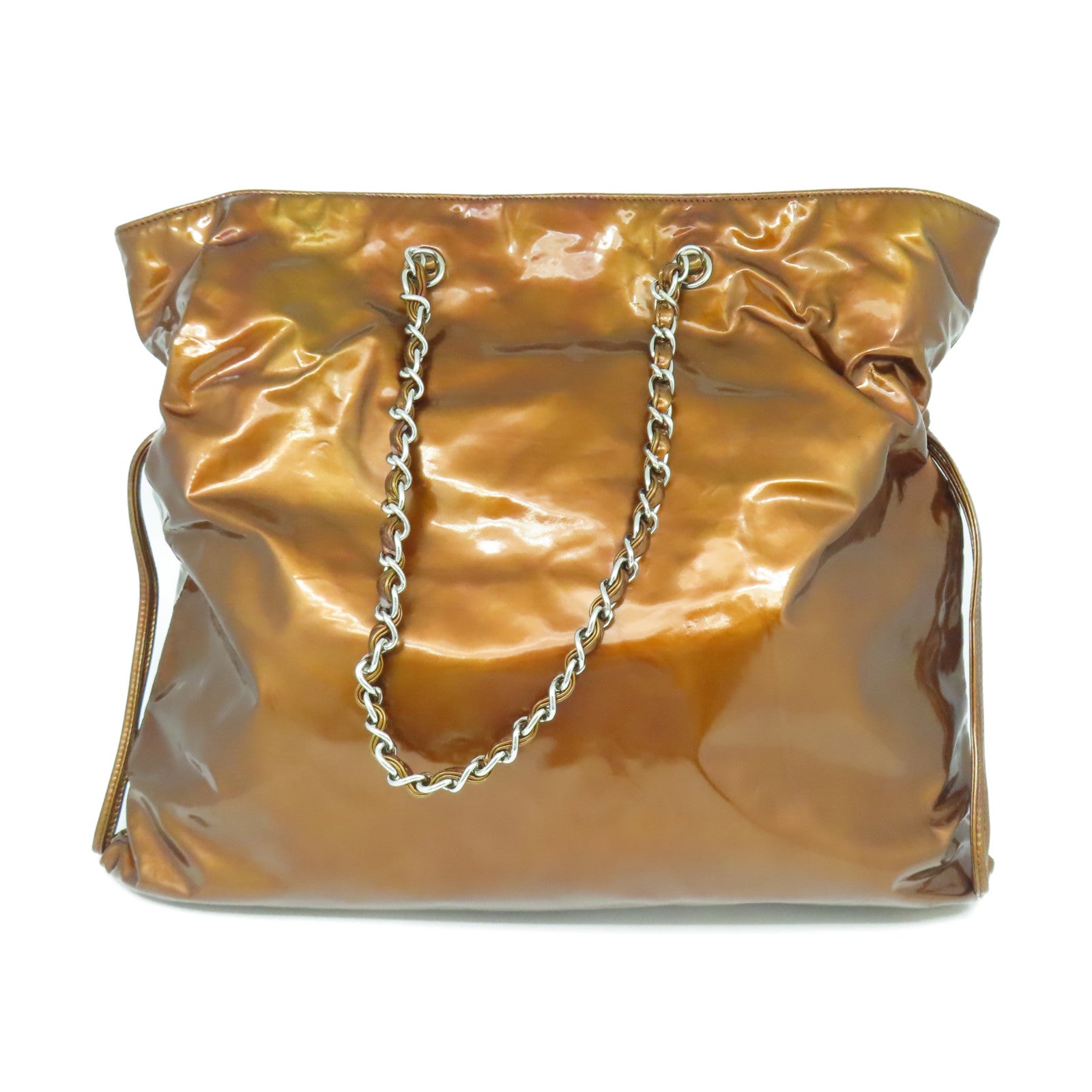 CHANEL 【清倉大減價】漆皮皮革Chain Shoulder銀扣鏈帶肩背袋金色