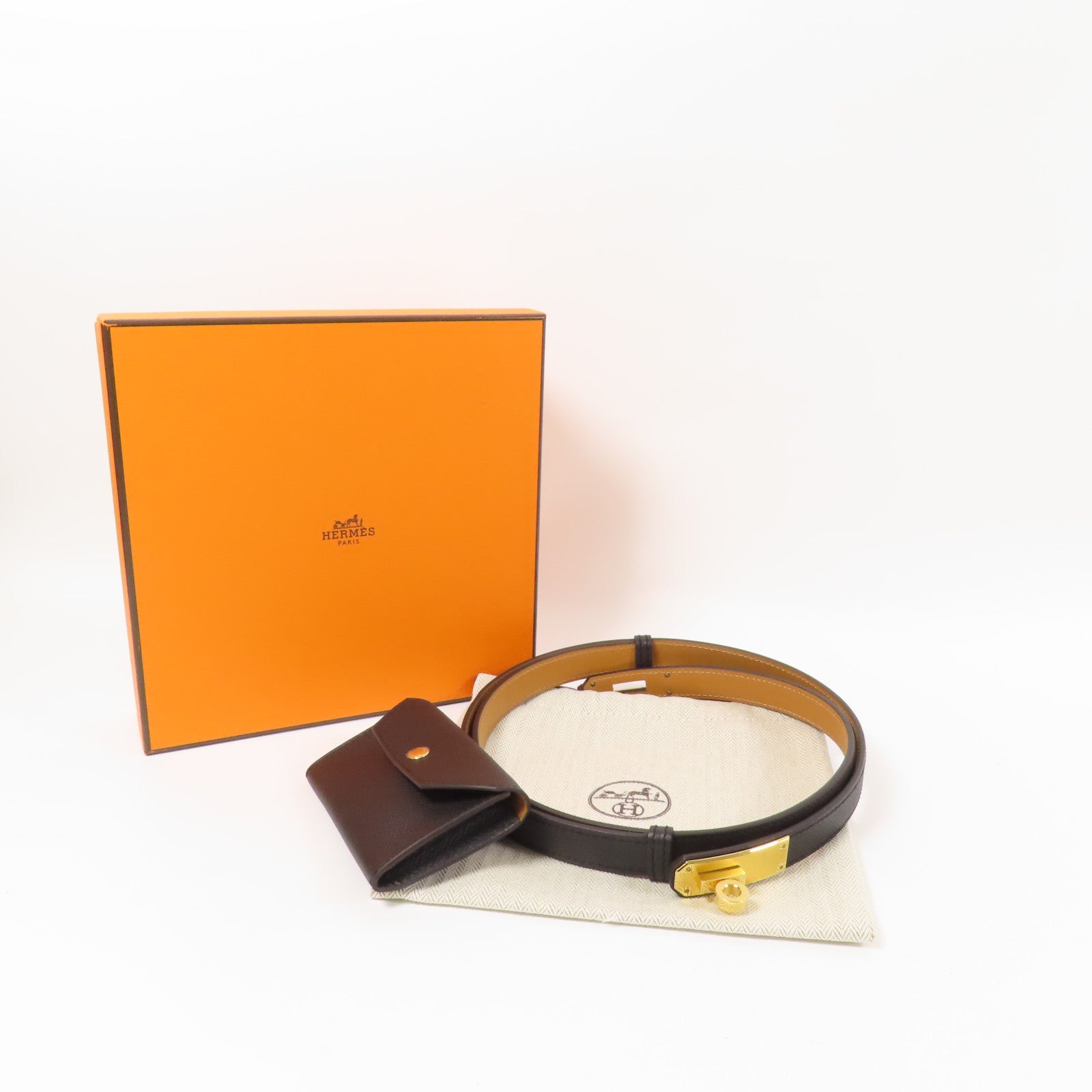 HERMES Epsom皮革Kelly Pocket 18 Belt金扣皮帶Black