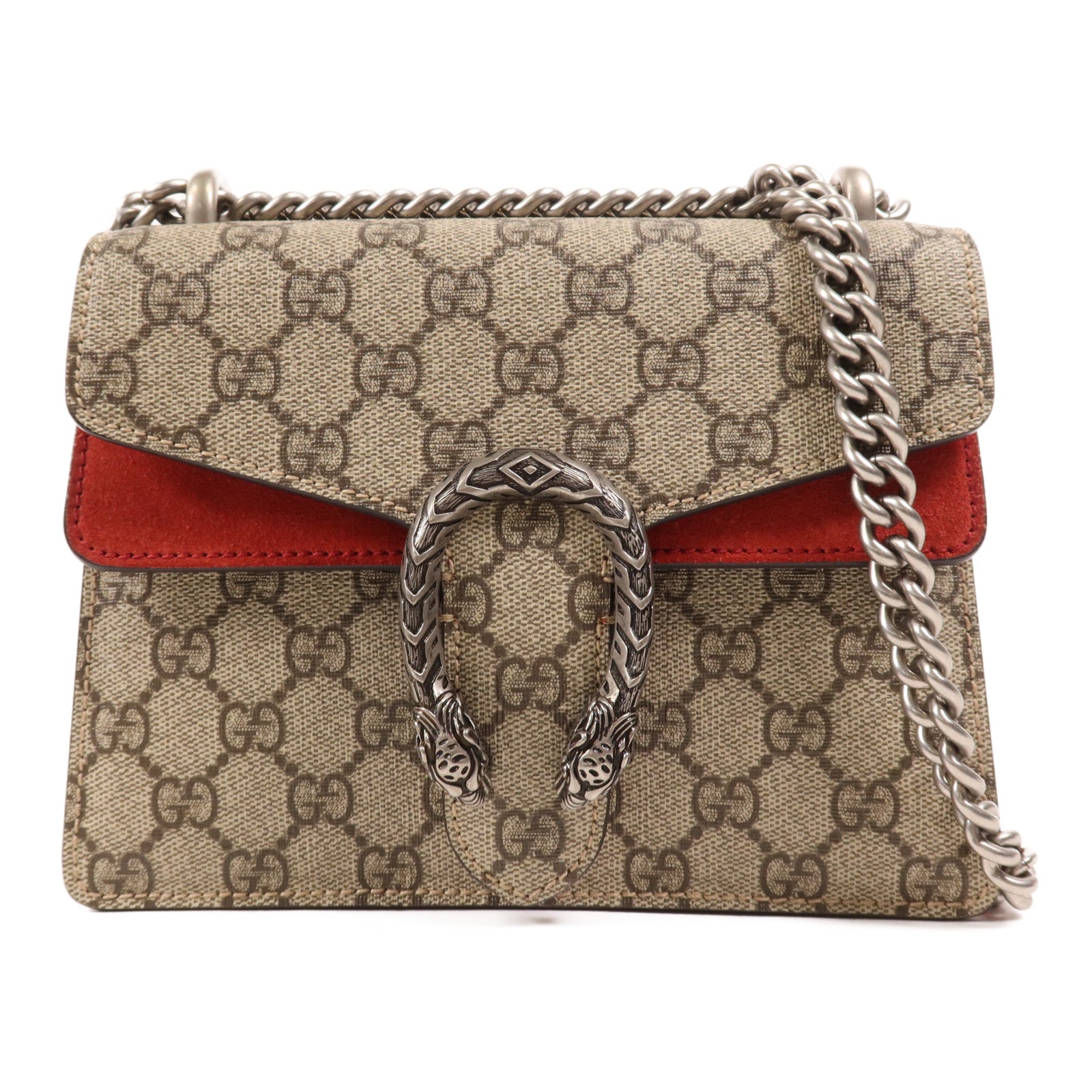 GUCCI 塗層帆布Dionysus銀扣鏈帶肩背袋