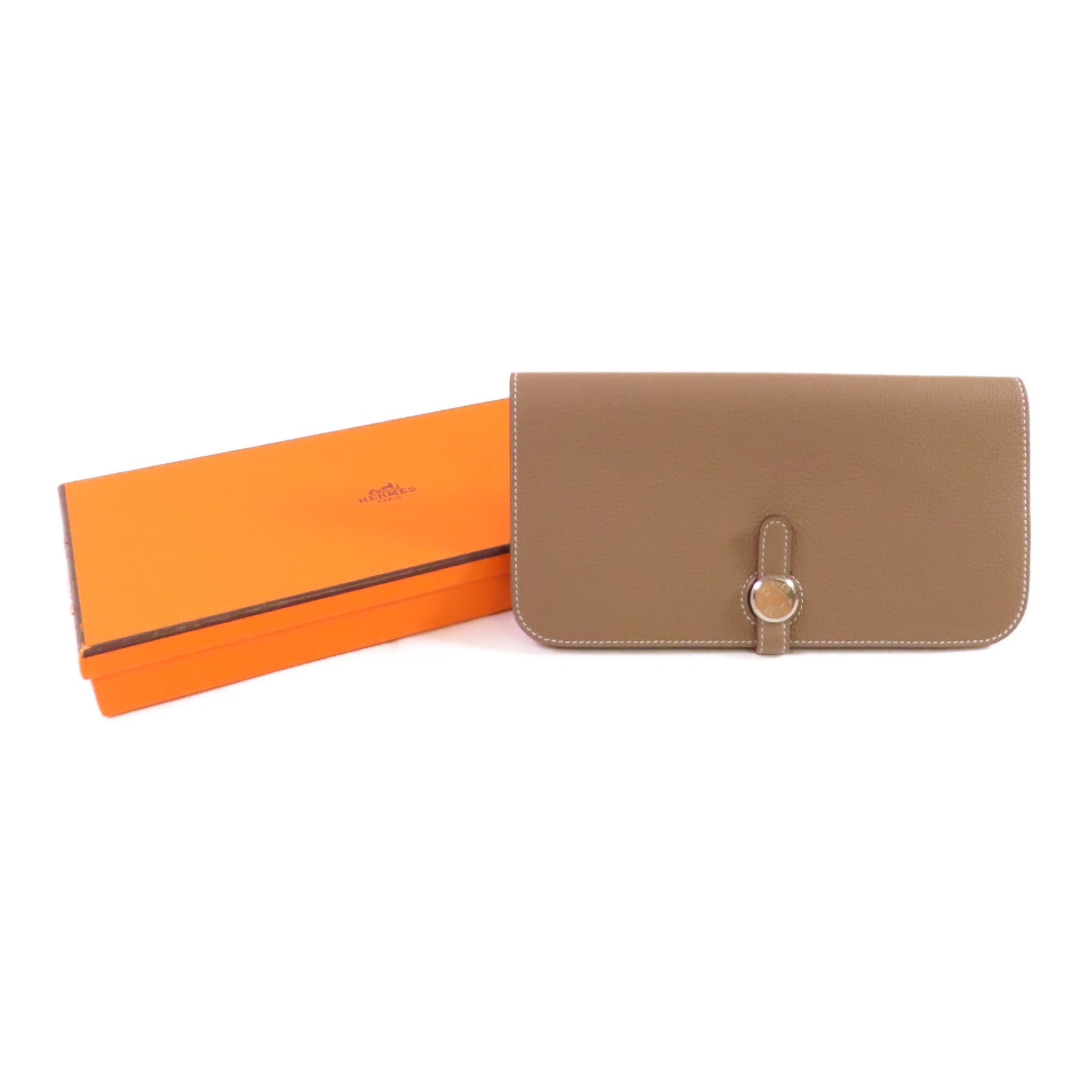 HERMES Togo皮革Dogon Wallet銀扣長錢包Etoupe大象色