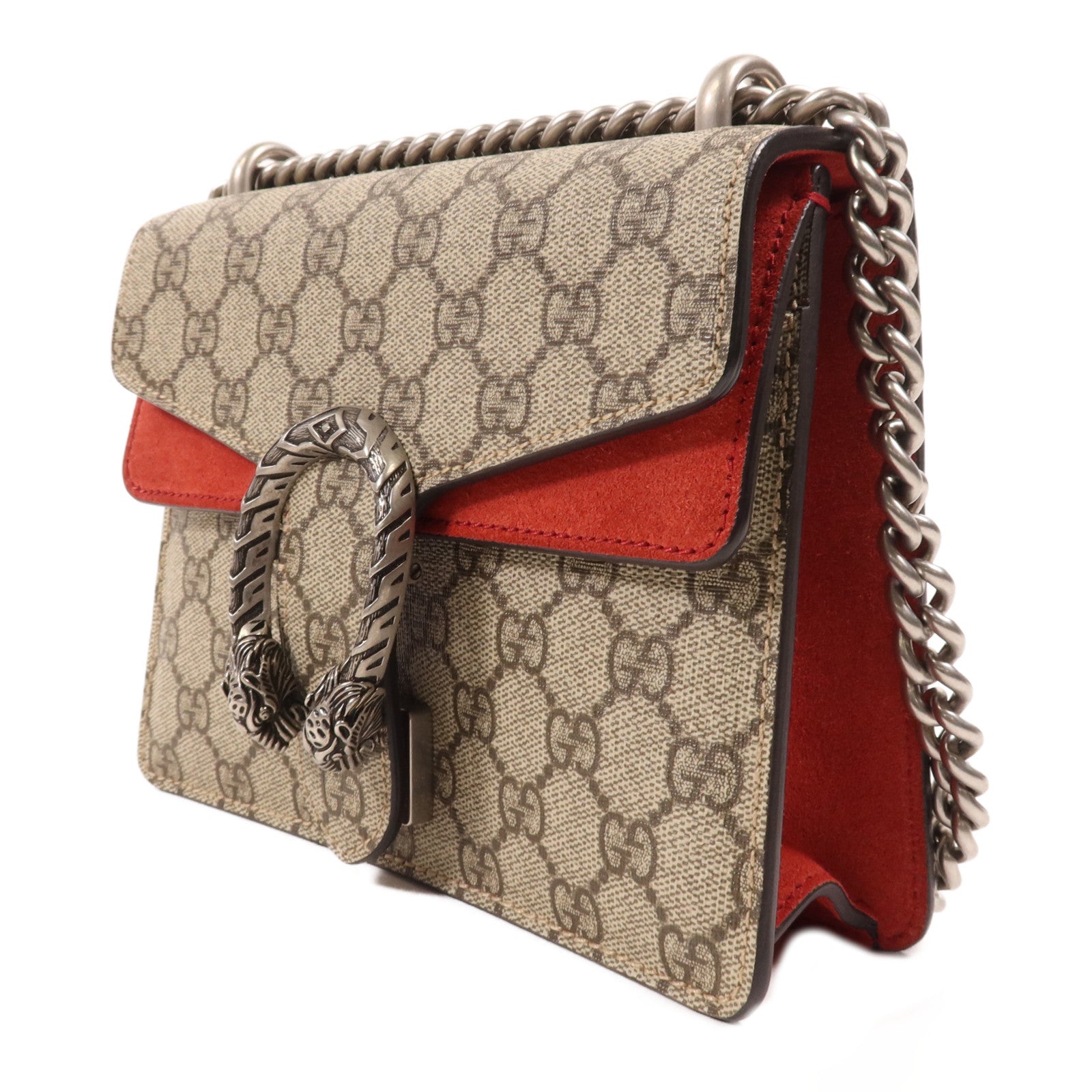 GUCCI 塗層帆布Dionysus銀扣鏈帶肩背袋