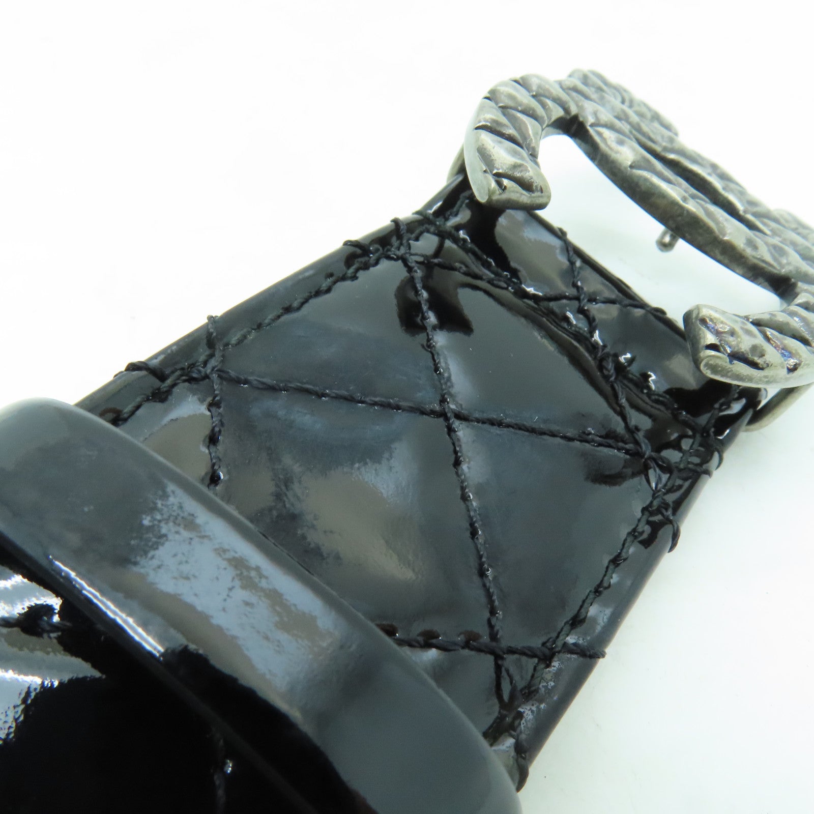 CHANEL 菱格漆皮皮革Belt80銀扣皮帶黒色