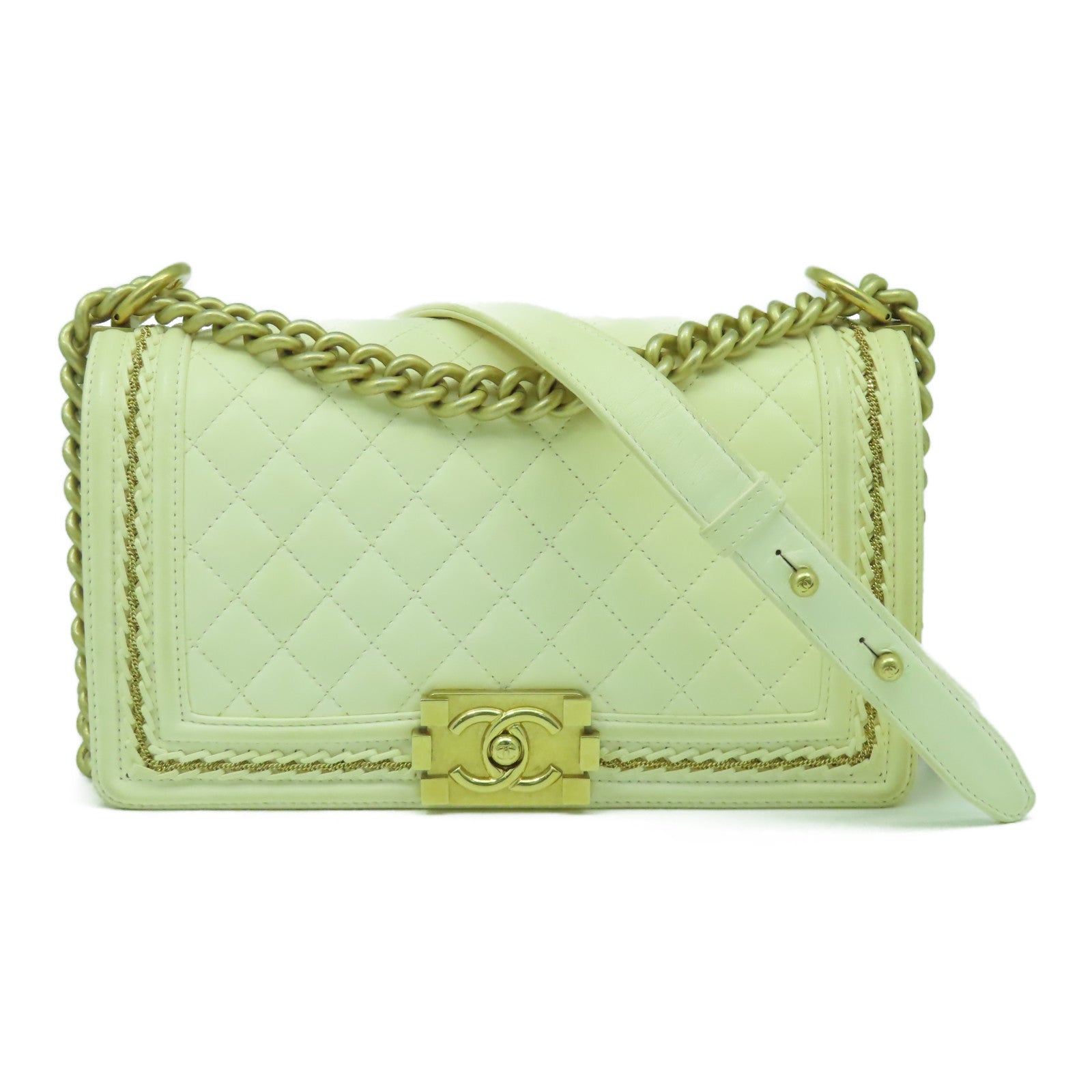 CHANEL 【激減優惠】菱格羊皮皮革Boy Chain Shoulder Bag金扣鏈帶肩背袋白色