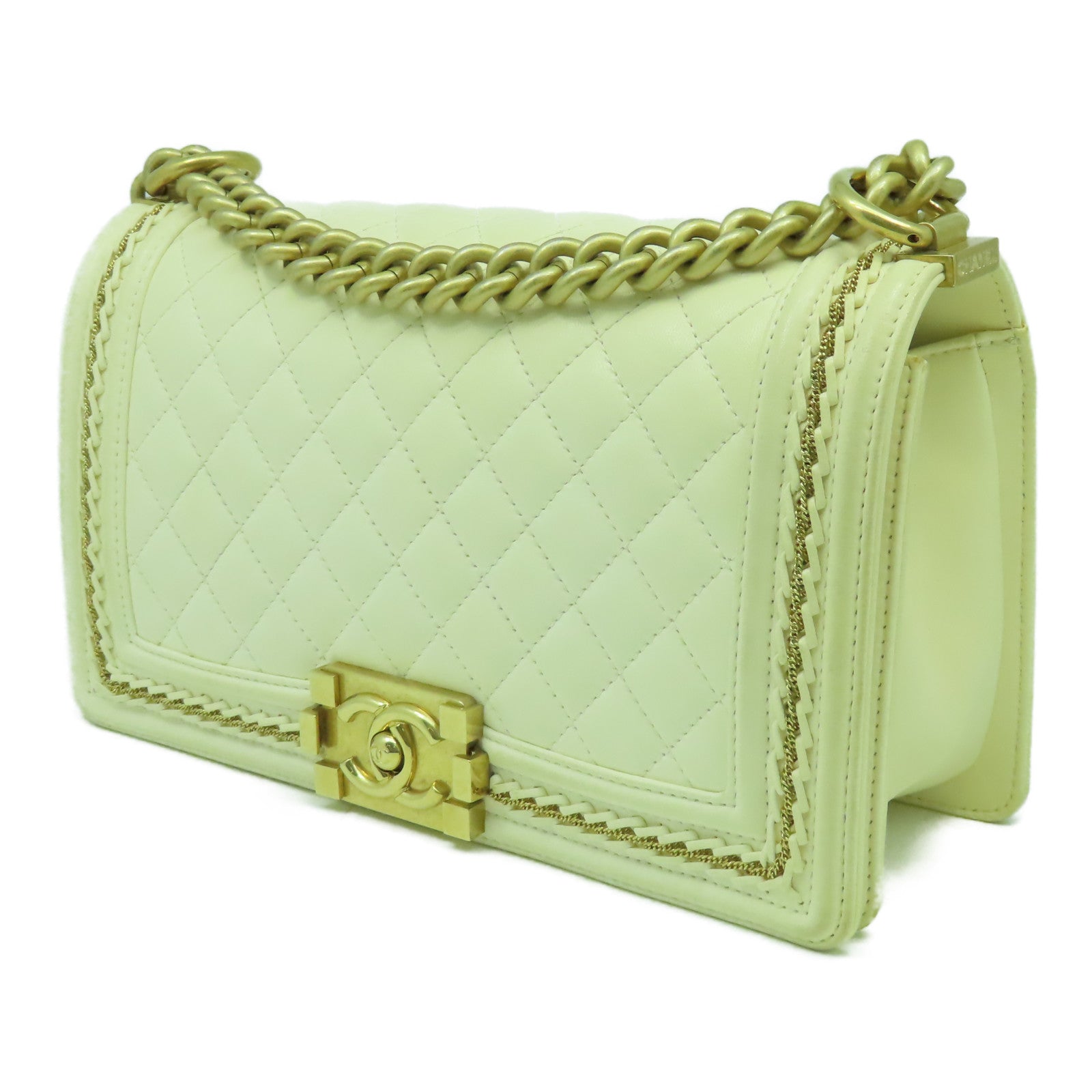 CHANEL 【激減優惠】菱格羊皮皮革Boy Chain Shoulder Bag金扣鏈帶肩背袋白色