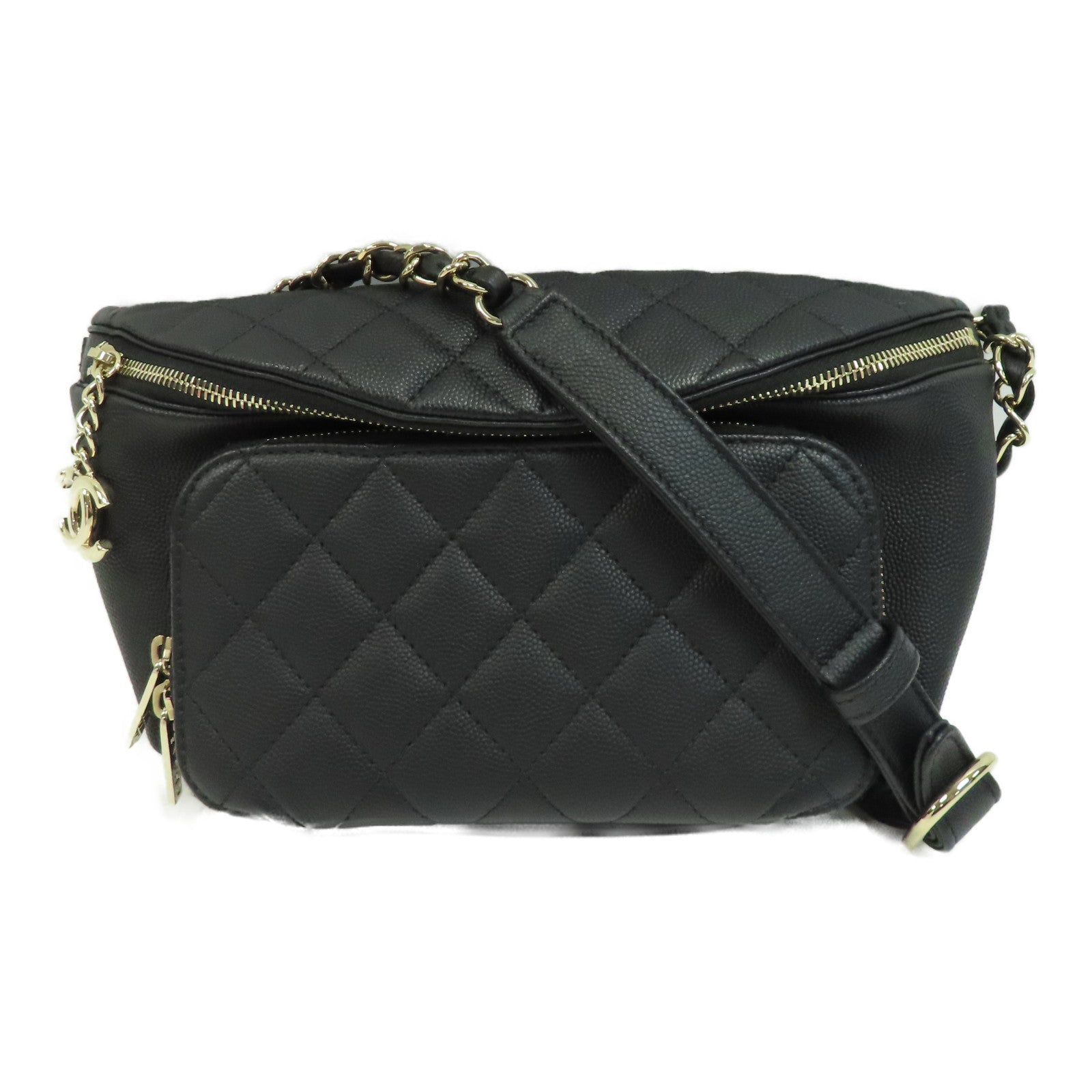 CHANEL 菱格Caviar皮革Waist Bag金扣腰包黑色
