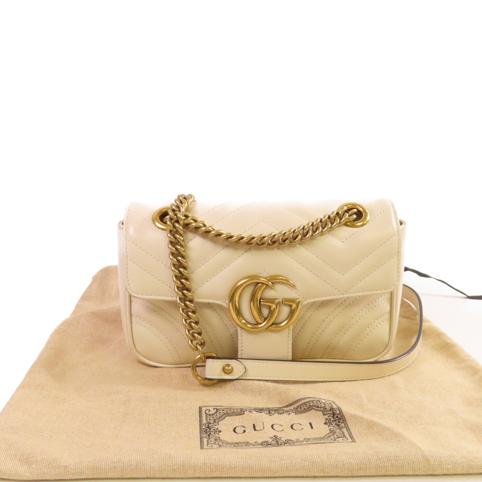 GUCCI 牛皮皮革GG Marmont Mini Chain Shoulder Bag金扣手挽肩背兩用袋米白色