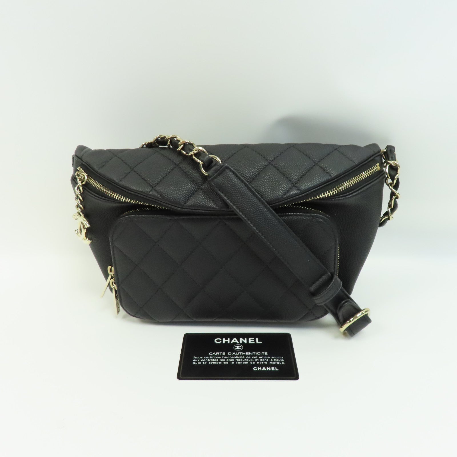 CHANEL 菱格Caviar皮革Waist Bag金扣腰包黑色