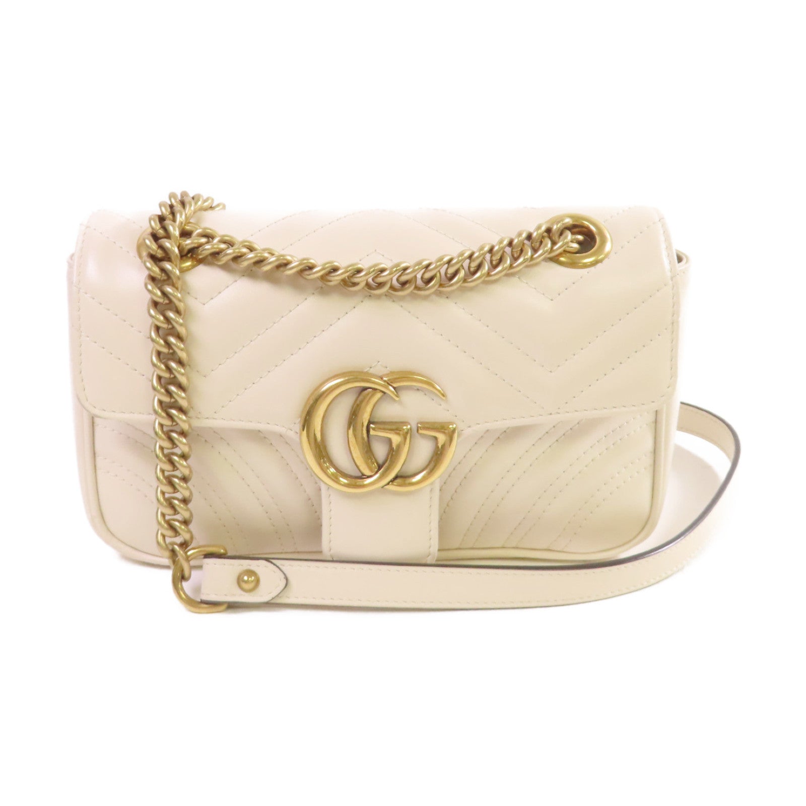 GUCCI 牛皮皮革GG Marmont Mini Chain Shoulder Bag金扣手挽肩背兩用袋米白色