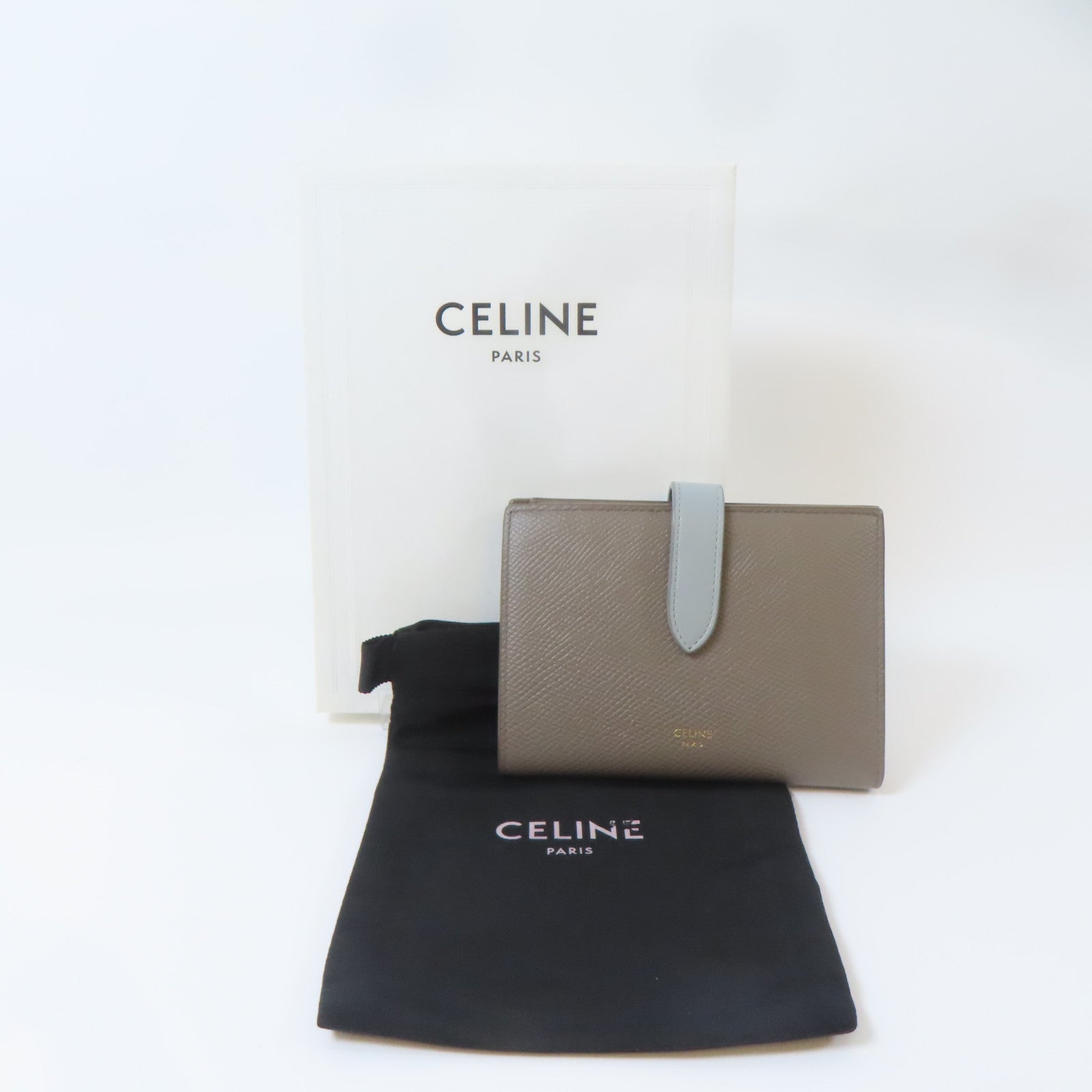 CELINE 牛皮皮革Medium Strap Wallet金扣錢包灰色/淺藍色