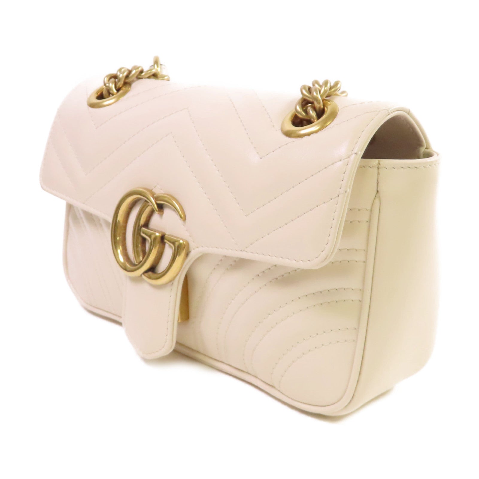 GUCCI 牛皮皮革GG Marmont Mini Chain Shoulder Bag金扣手挽肩背兩用袋米白色