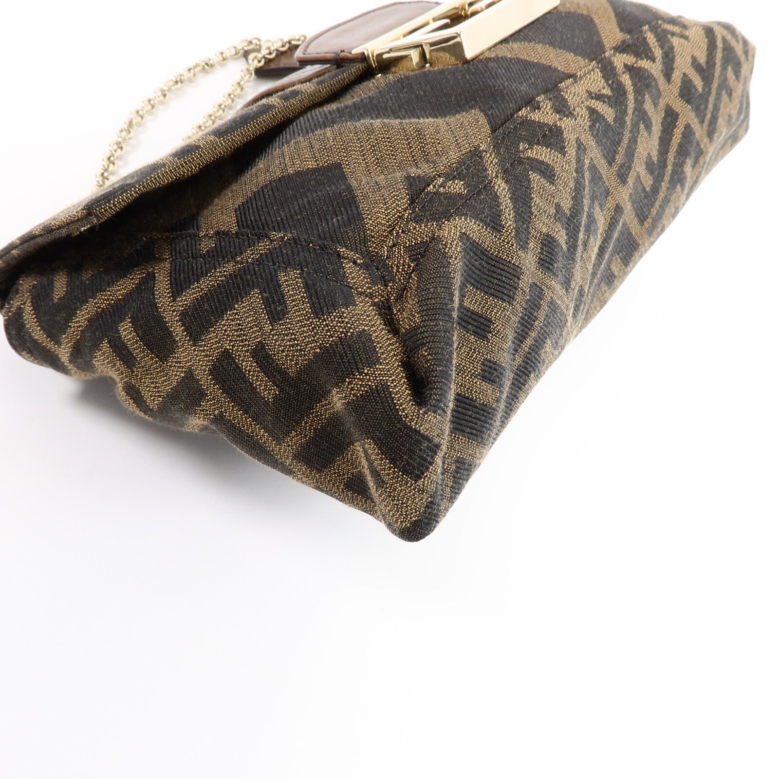 FENDI 帆布/牛皮皮革Zucca Baguette鏈帶肩背袋