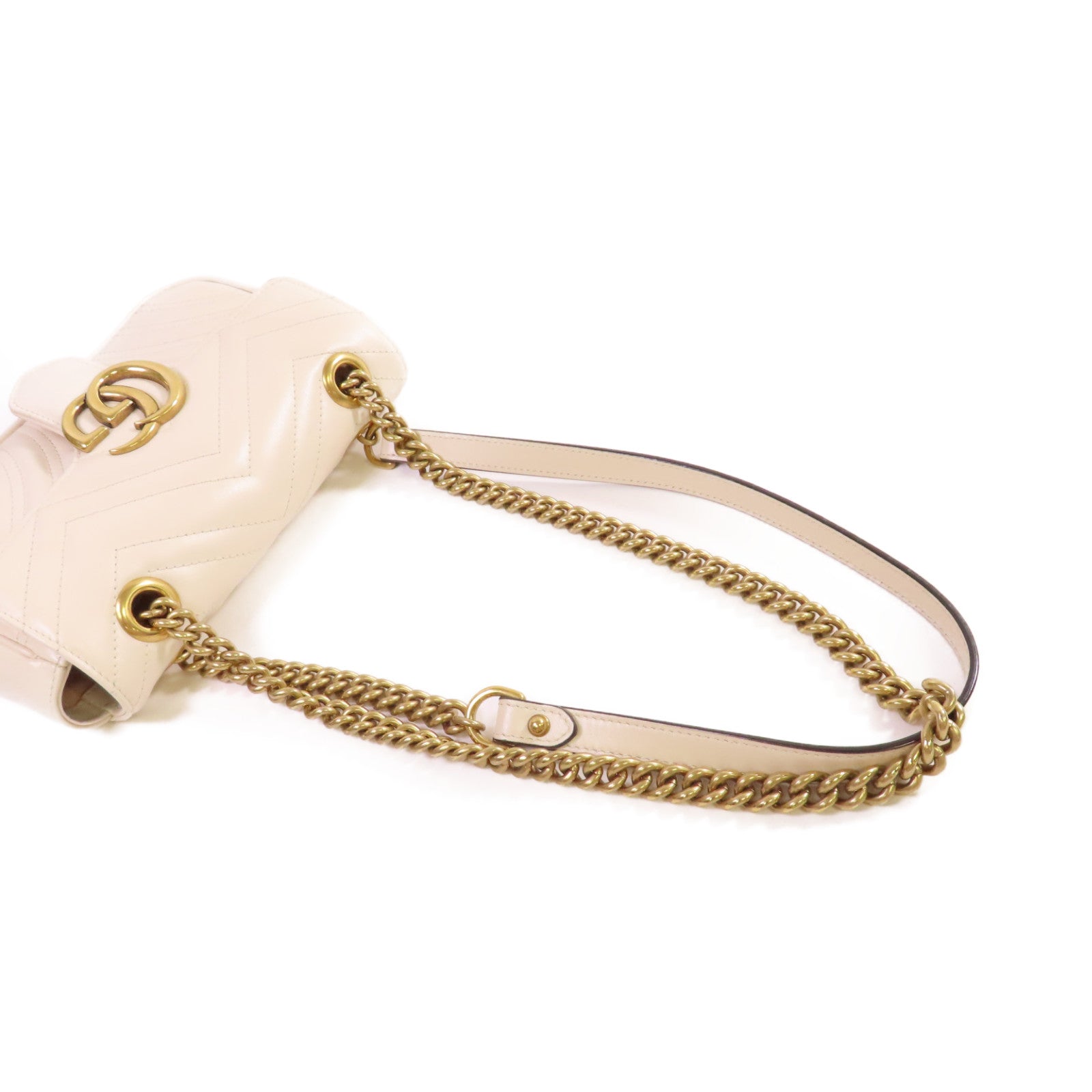 GUCCI 牛皮皮革GG Marmont Mini Chain Shoulder Bag金扣手挽肩背兩用袋米白色