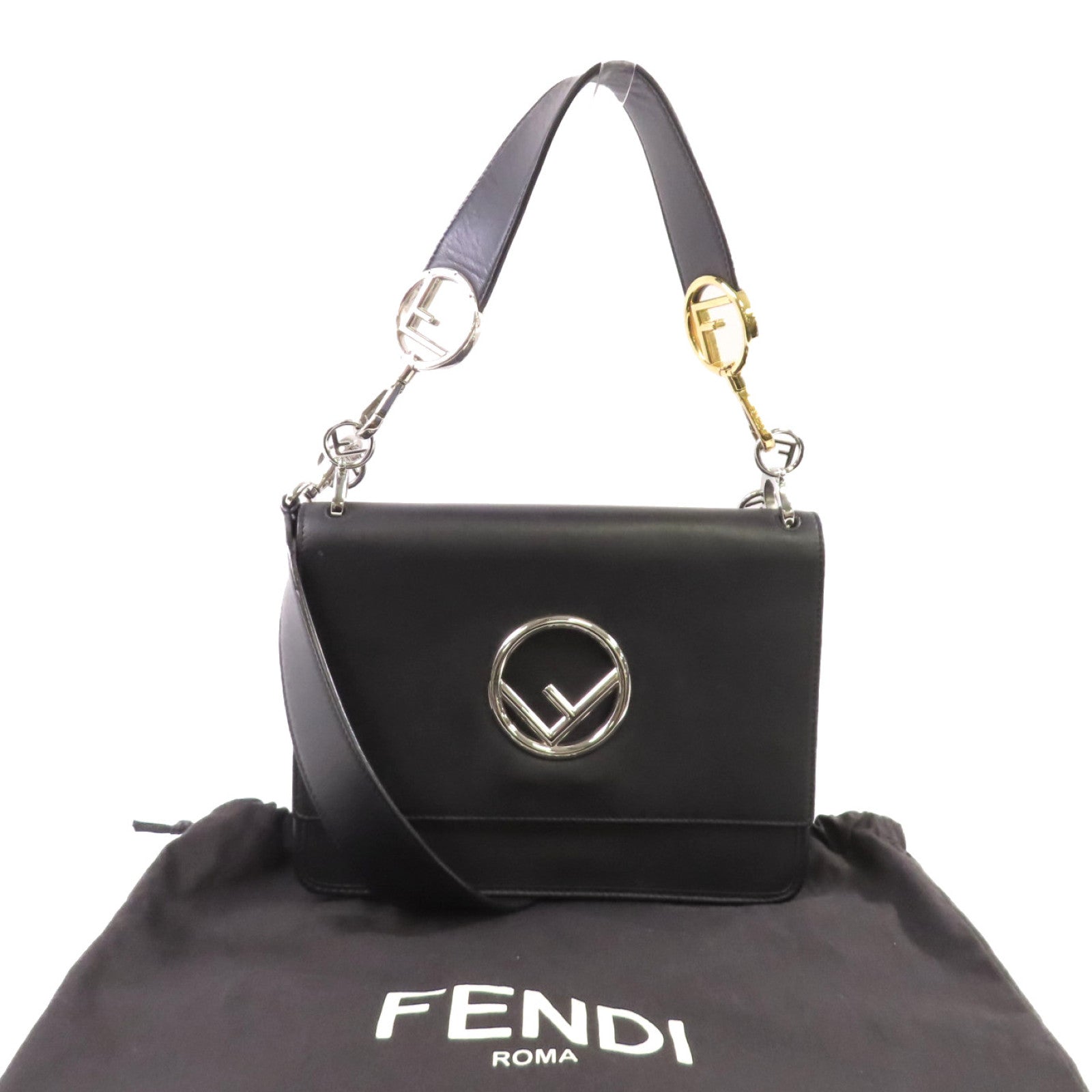 FENDI 牛皮皮革2Way Shoulder Bag銀扣手挽肩背兩用袋黑色