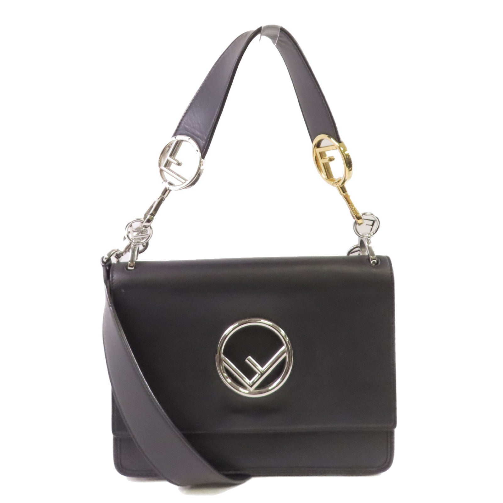 FENDI 牛皮皮革2Way Shoulder Bag銀扣手挽肩背兩用袋黑色