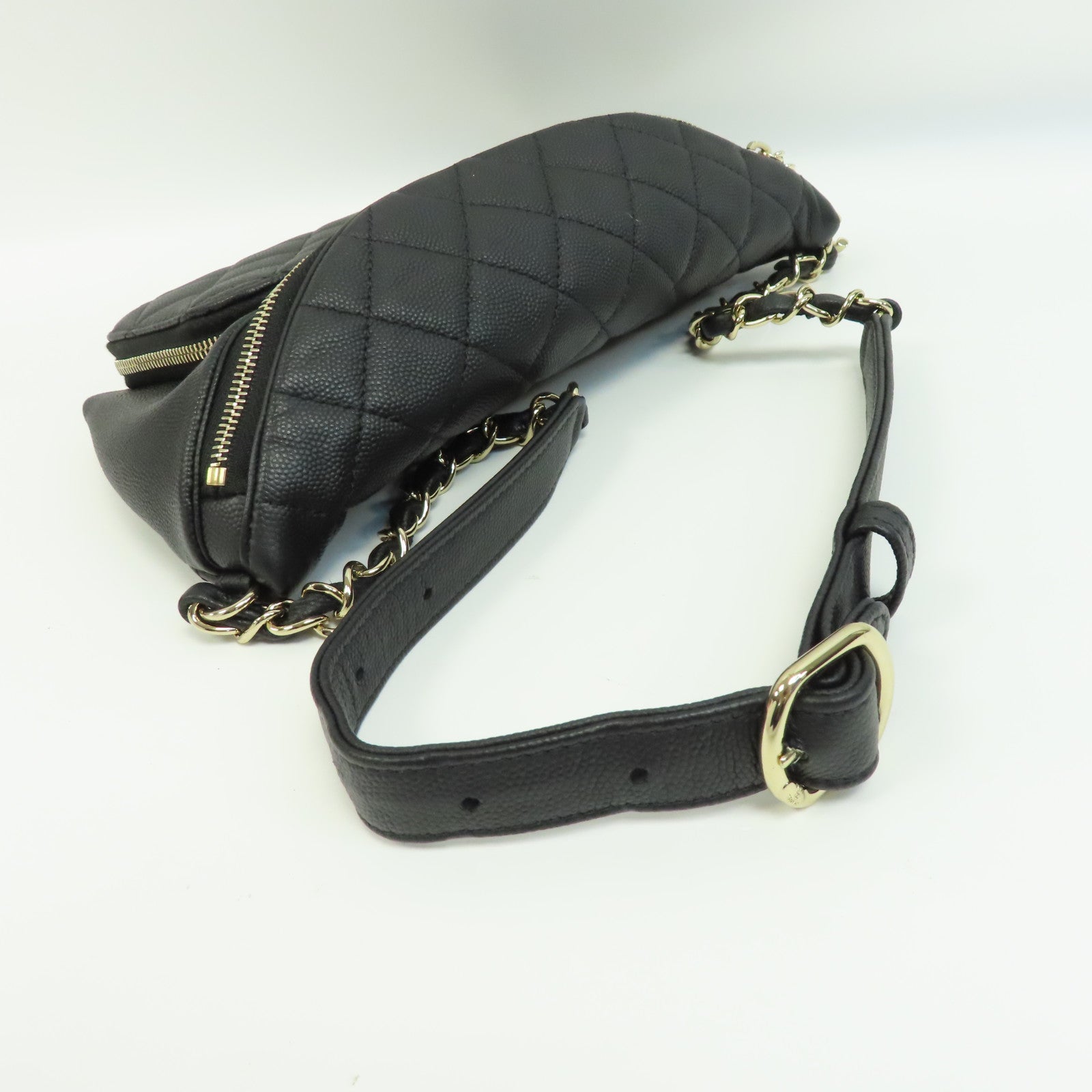 CHANEL 菱格Caviar皮革Waist Bag金扣腰包黑色