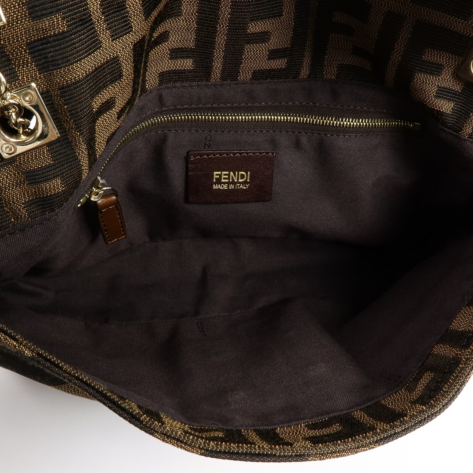 FENDI 帆布/牛皮皮革Zucca Baguette鏈帶肩背袋