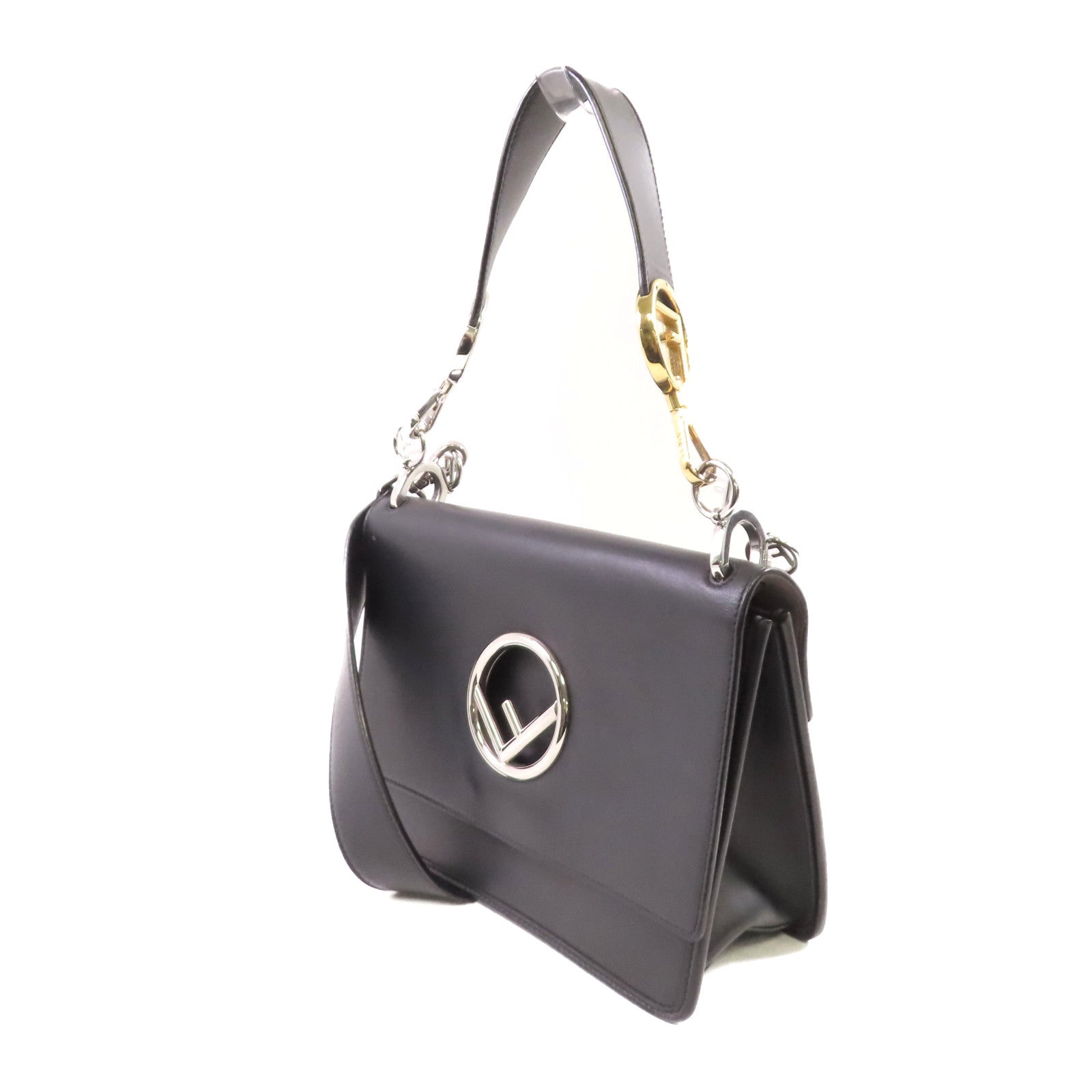 FENDI 牛皮皮革2Way Shoulder Bag銀扣手挽肩背兩用袋黑色