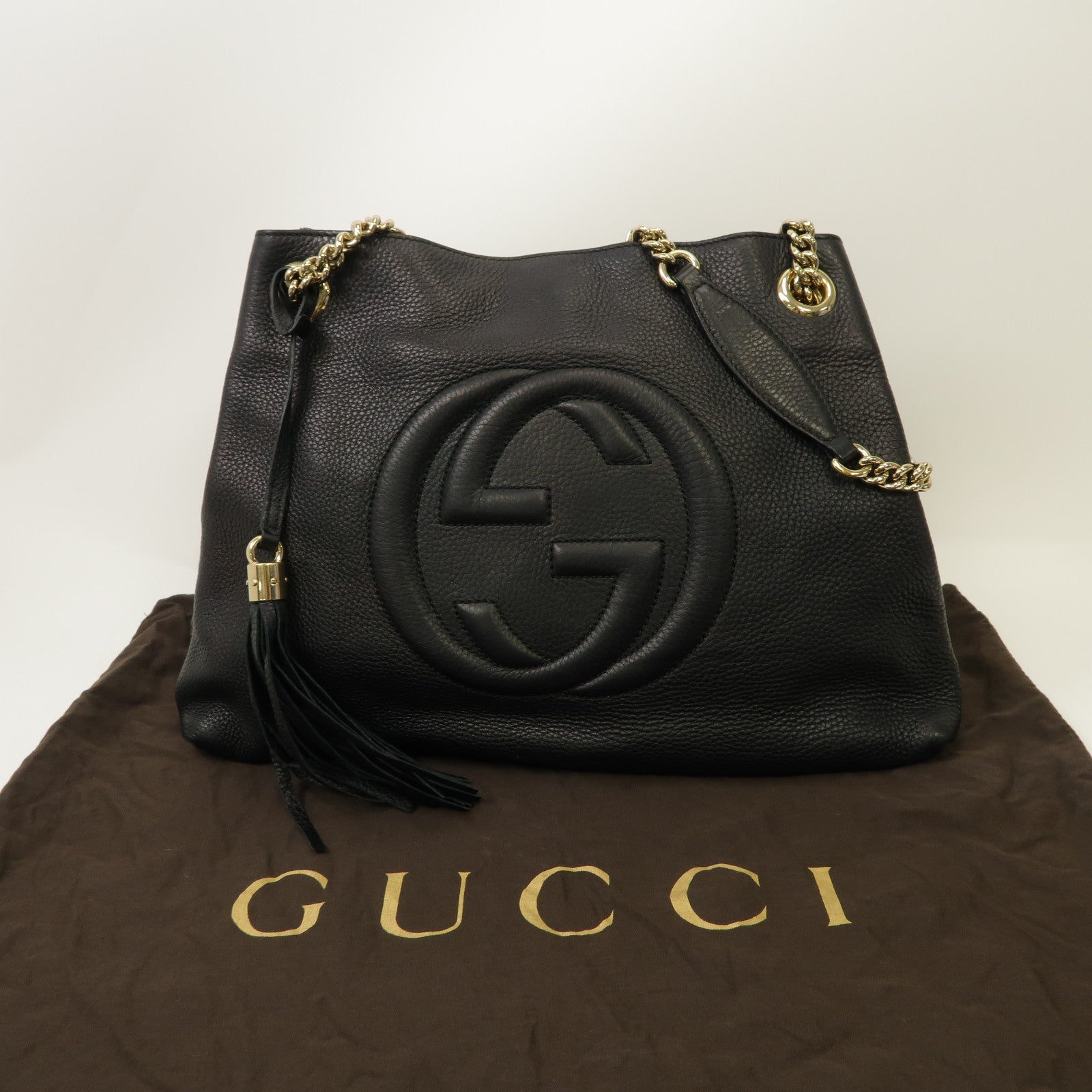 GUCCI 牛皮皮革Soho Shoulder Bag金扣鏈帶肩背袋黑色