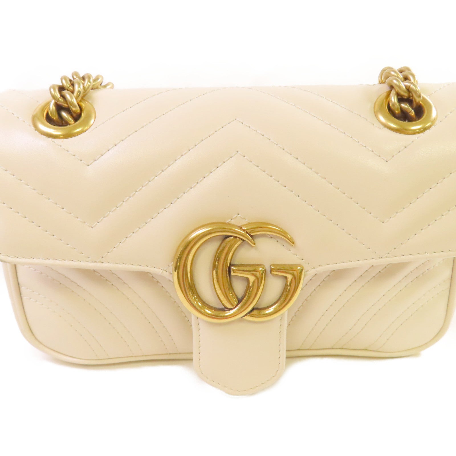 GUCCI 牛皮皮革GG Marmont Mini Chain Shoulder Bag金扣手挽肩背兩用袋米白色