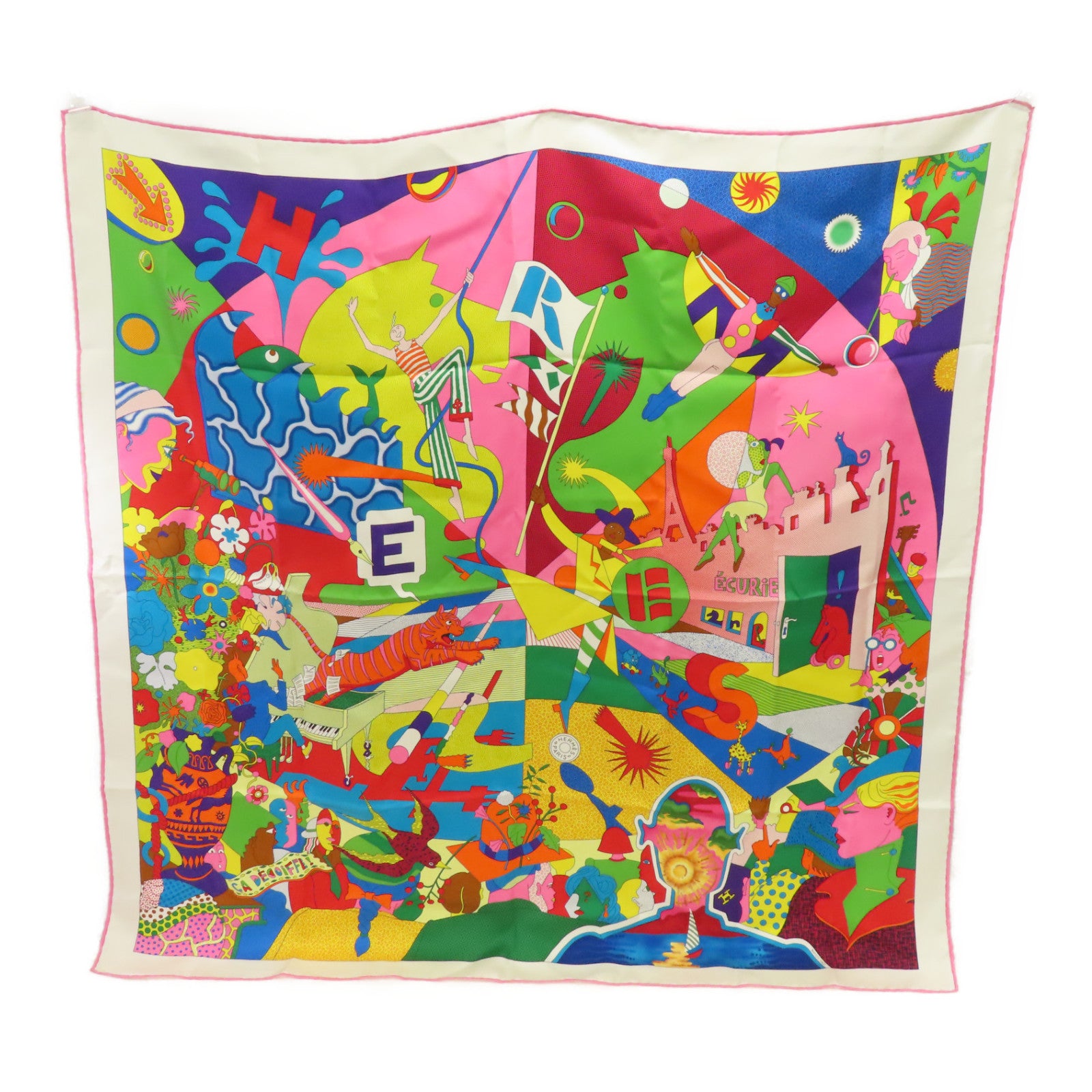 HERMES 絲質Scarf絲巾白色/粉紅色/彩色