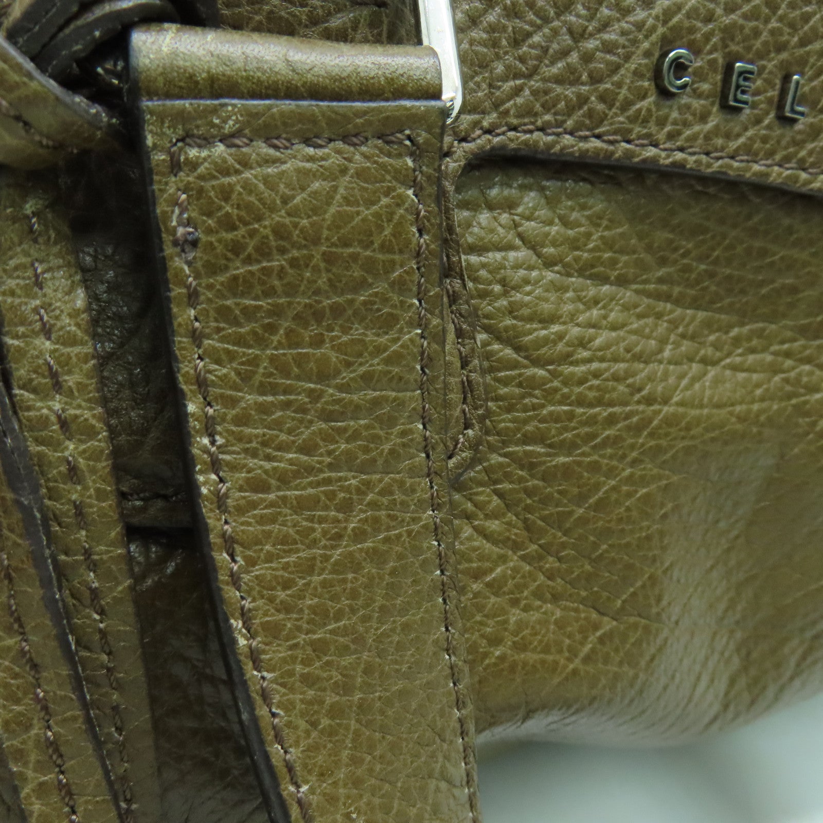 CELINE 牛皮皮革Hand Bag手挽袋银扣深绿色