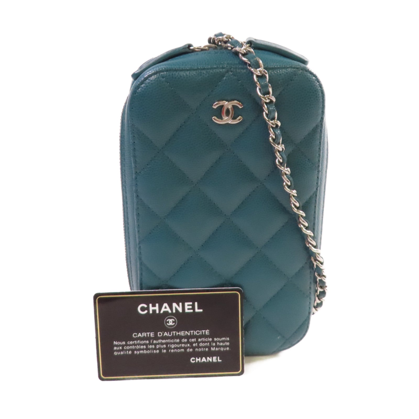CHANEL 菱格Caviar皮革Chain Phone Holder Bag銀扣鏈帶肩背袋綠色
