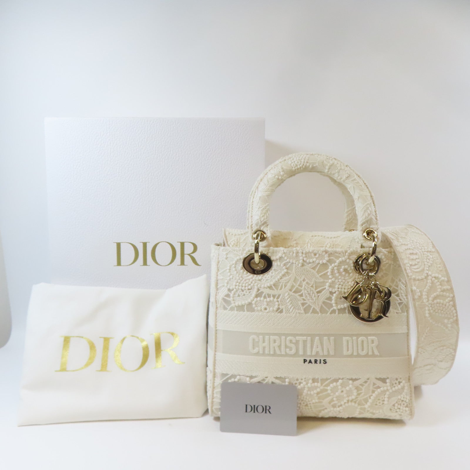 Dior 布料Lady Dior Shoulder金扣手挽肩背兩用袋白色